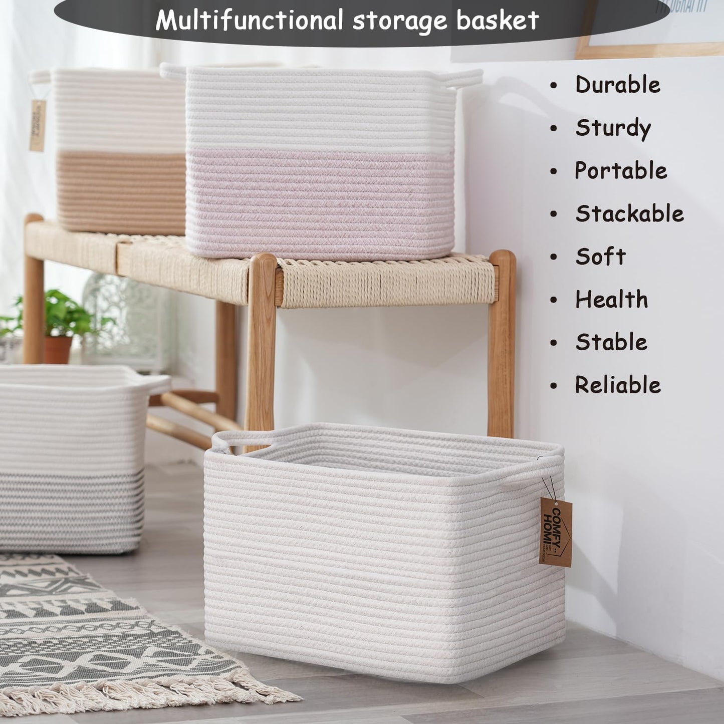 COMFY-HOMI - Paquete de 3 cestas cuadradas de cuerda de algodón con asas para estantes, cesta de juguetes para perros y almacenamiento, cesta de bebé para regalo, cesta de zapatos para organizar la