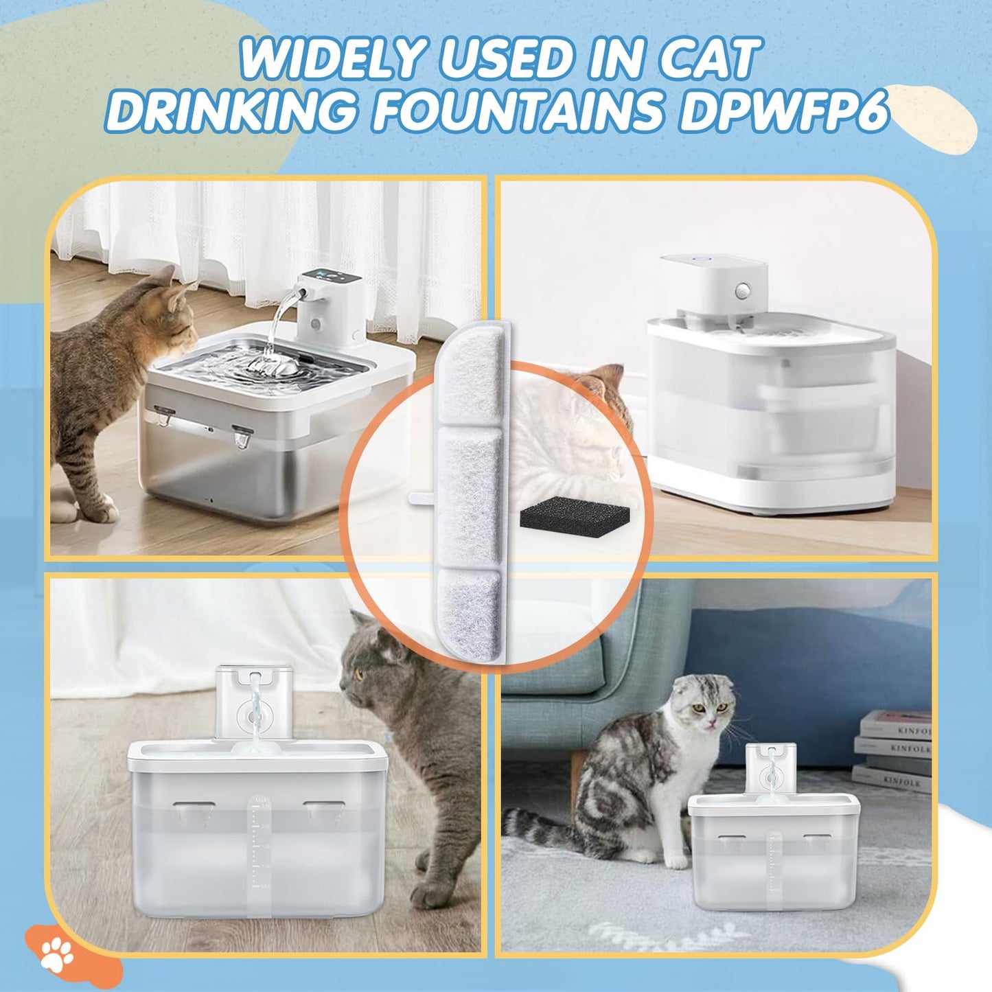 Filtros de Repuesto Downy Paws para Fuente de Agua de Gato Blanco con Triple Filtración (Paquete de 8)