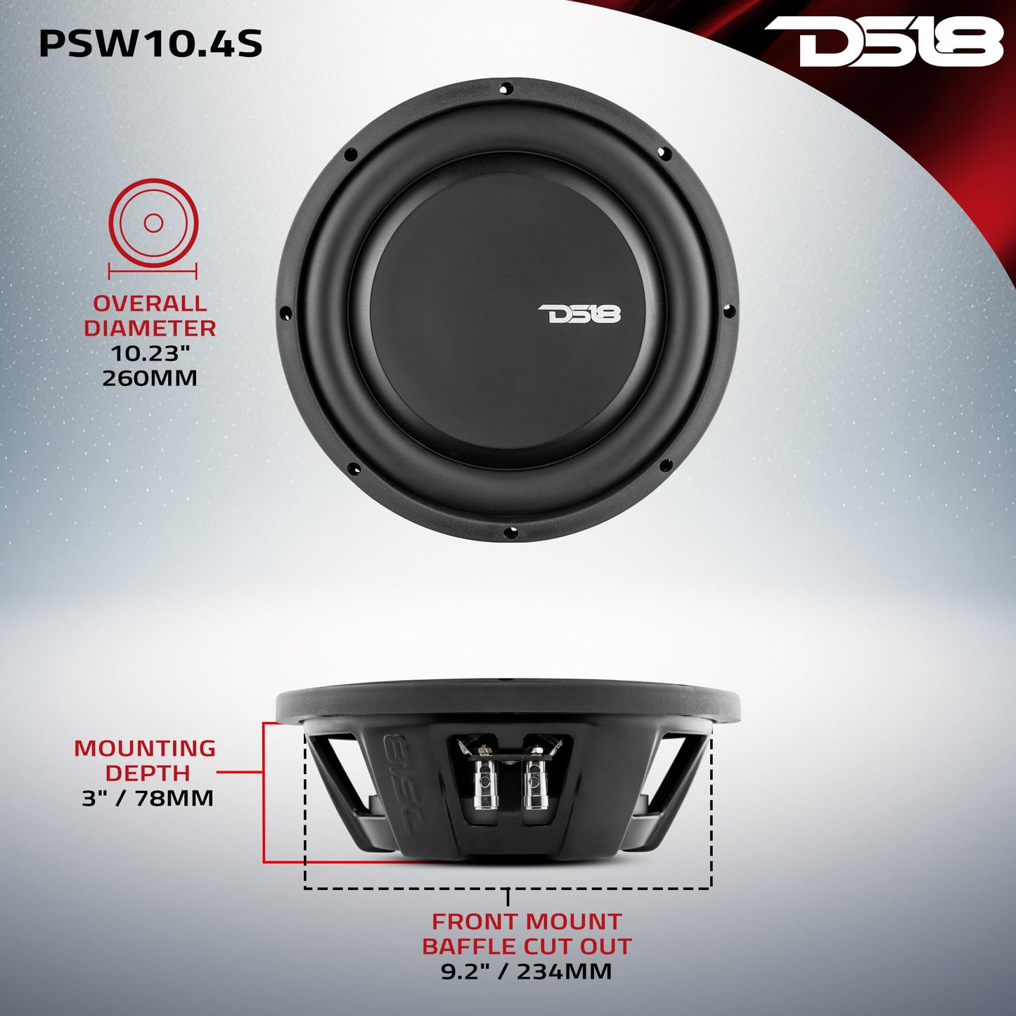 DS18 PSW10.4S - Subwoofer de montaje poco profundo de 10 pulgadas, 1000 W, potencia máxima de 500 W, bobina de voz única RMS, resistente al agua, 4 OHMS - El mejor sub para espacios reducidos en coches y camiones - 1 altavoz