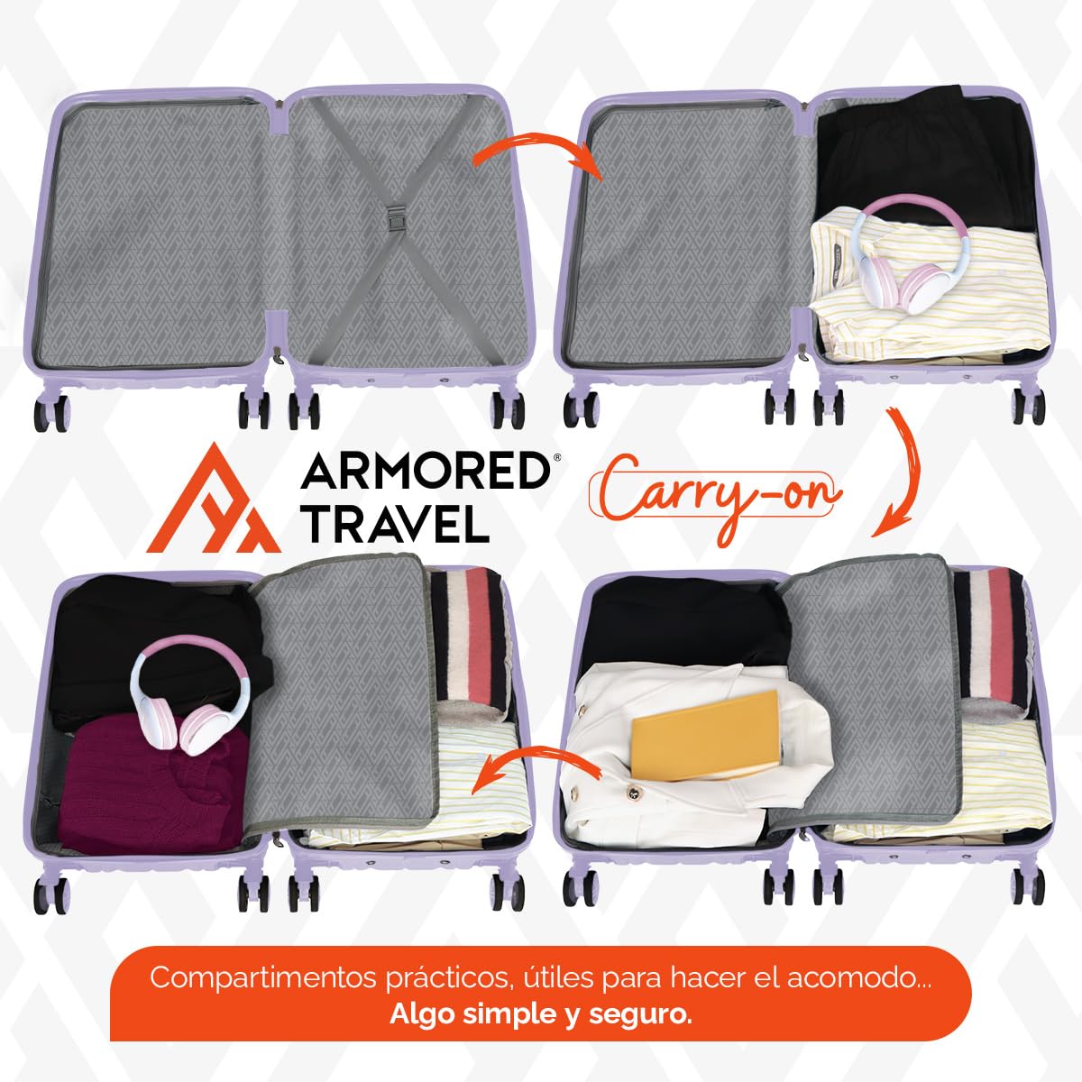 Maleta De Viaje Carry On 20" de Mano Cabina 10kg Rígida Doble Refuerzo Con * TSA Lock * Luggage suitcase Armored Travel (Lila)