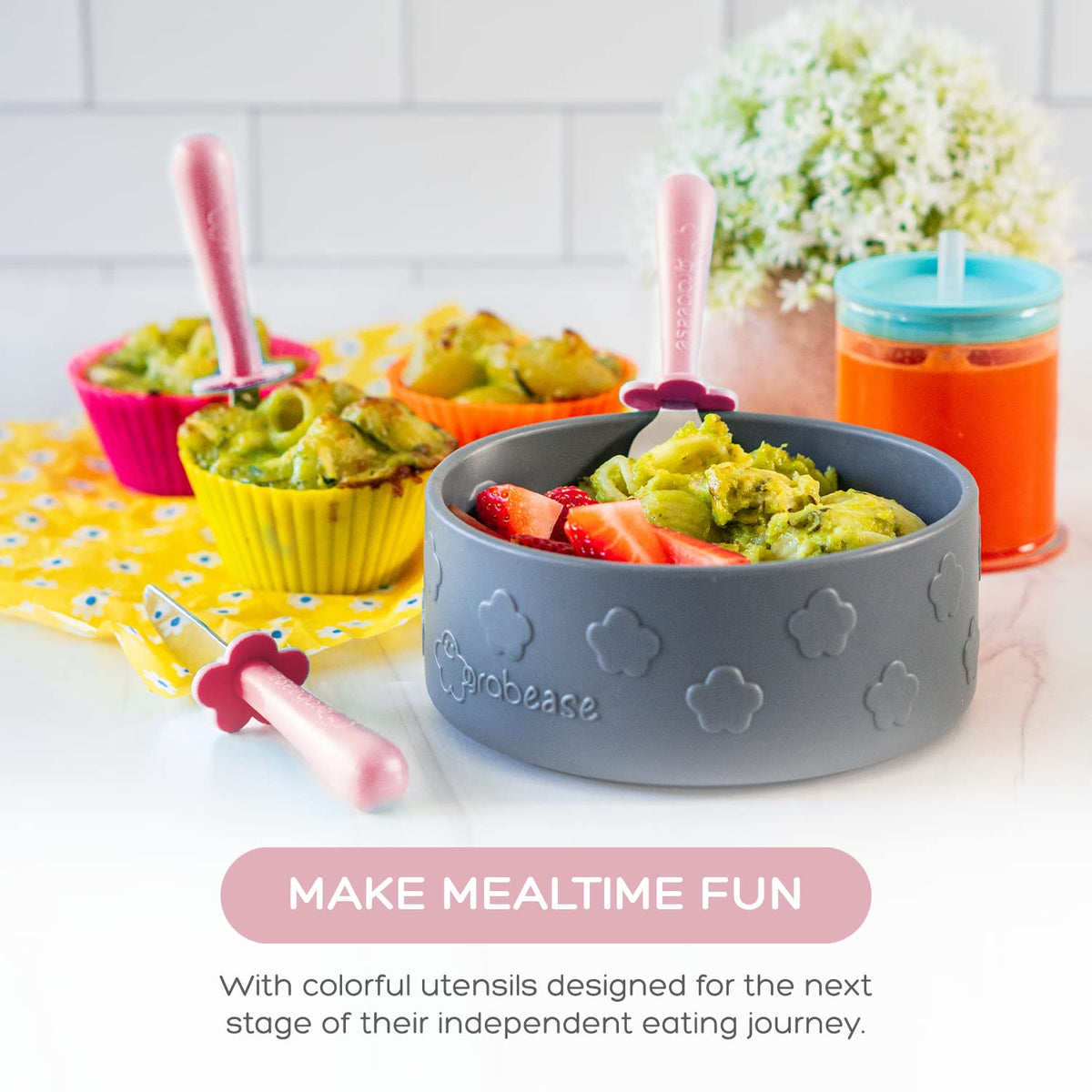 Grabease Juego de utensilios de acero inoxidable de 3 piezas para alimentación independiente: tenedor, cuchara y cuchillo de seguridad para 18 meses en adelante; BPA, PVC, sin plomo ni ftalatos y apto para lavavajillas (rosa rubor)