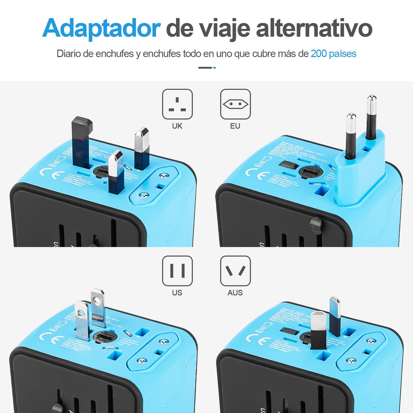 Adaptador de Viaje Universal YOMYM Blanco Seguridad Integrada Con 4 USB