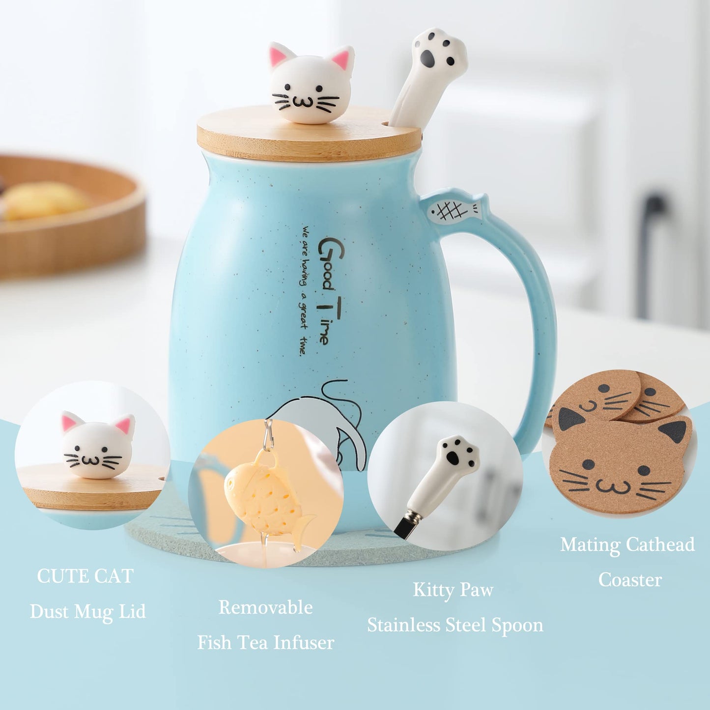 BigNoseDeer - Taza de cerámica con infusor y tapa, taza de té para gatos Kawaii, taza de té con forma de cuchara y taza de té, lindos regalos para mujeres (azul 13 onzas)