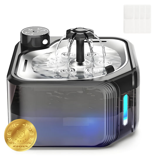 Fuente de agua inalámbrica para gatos con paquete de 4 filtros de repuesto de 94 oz/2.8 l, inalámbrica, funciona con pilas, con bandeja de acero inoxidable, dispensador automático de agua para gatos y