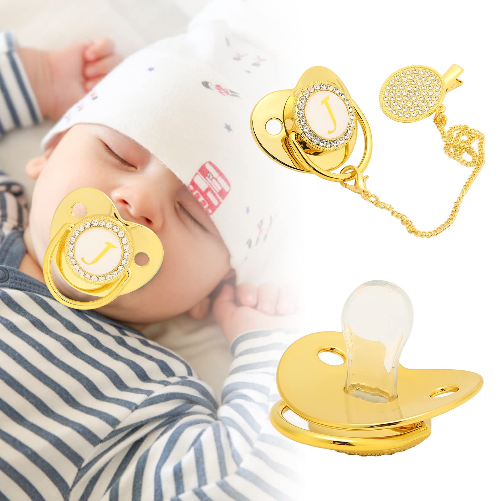 Chupete Dorado para bebé con Diseño Curvo, Suave y Liviano para Bebés de 6 a 18 Meses, Materiales Seguros, Saludable y Conveniente con Diseño de 26 Letras (Letra J)