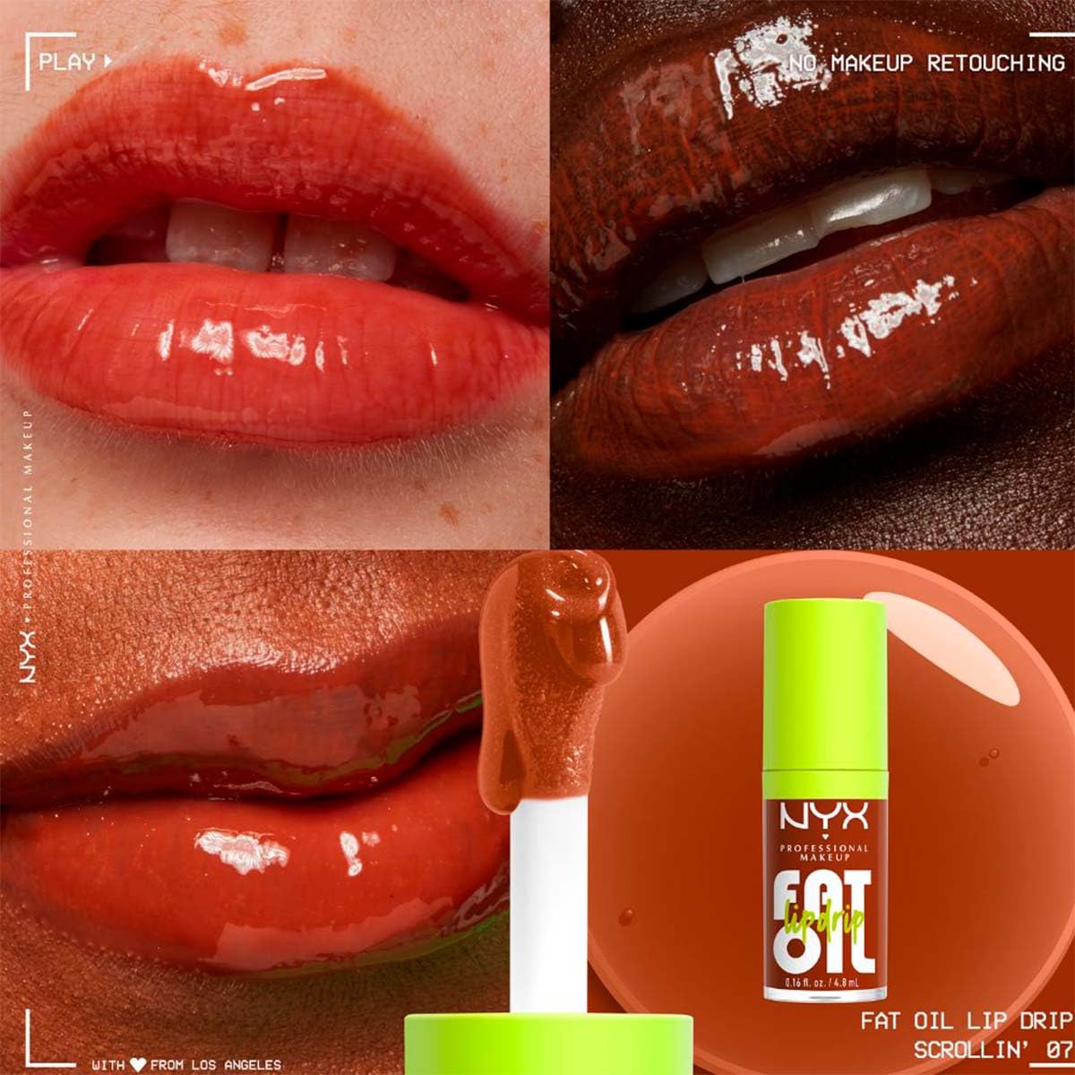 NYX Professional Makeup, Fat Oil Lip Drip Gloss, 4.8ml. Tono: Scrollin. Brillo labial hidratante con efecto jugoso hasta por 12 horas. Infusionado con aceite de aguacate, mora y frambuesa para una sensación no pegajosa. Fórmula vegana.