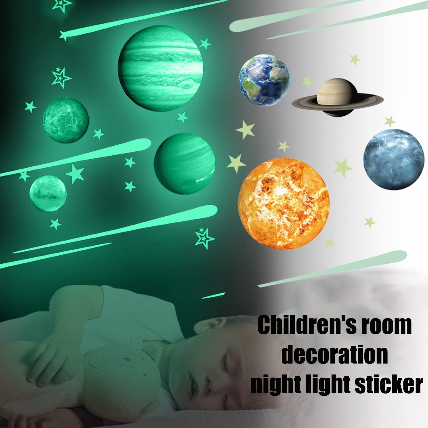 Pegatina de pared luminosa, pegatinas de estrellas luminosas brillantes con temática del sistema solar, resistente al agua, duradera, para decorar la puerta, pared, ventana y techos en la habitación del bebé, guardería