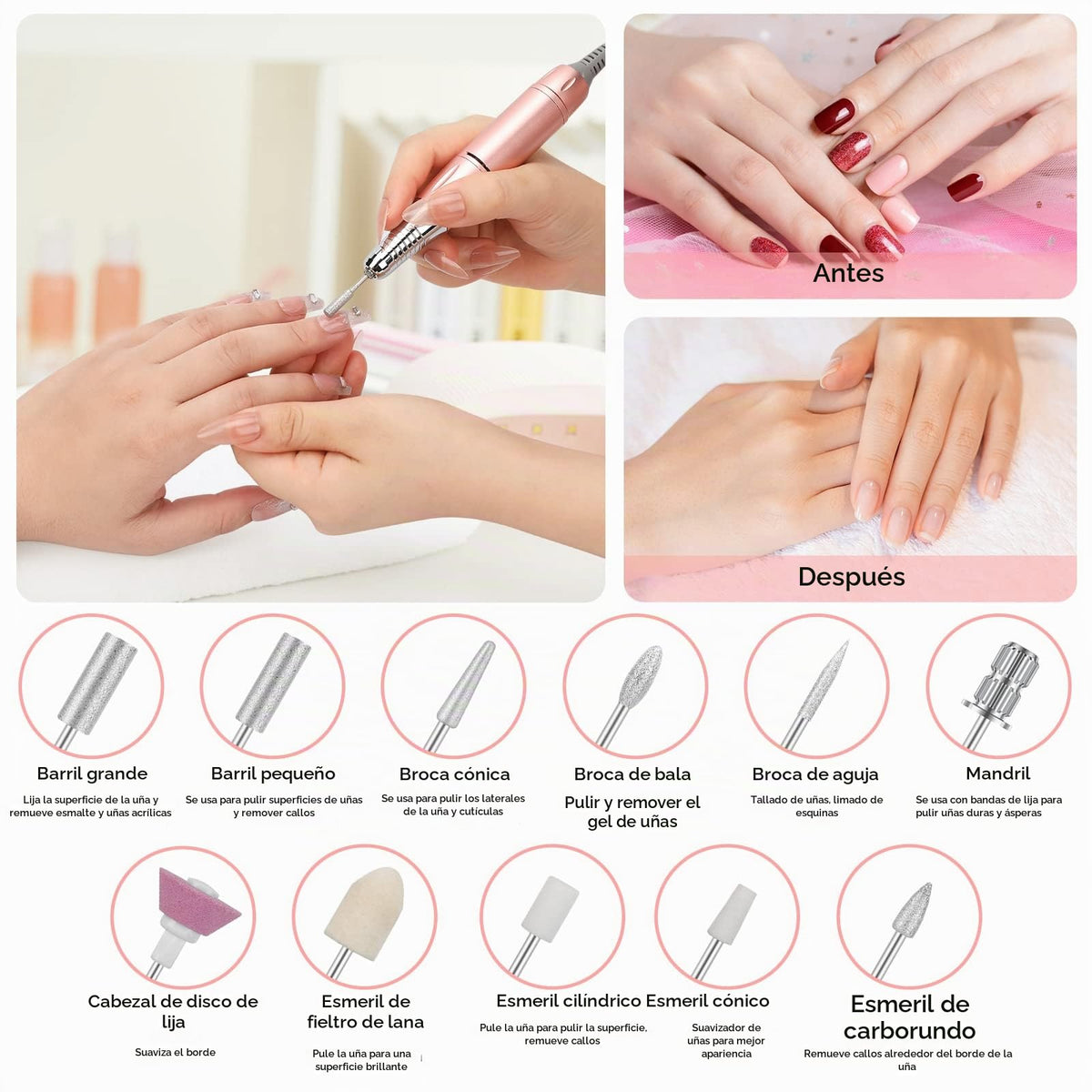 Taladro de Uñas Recargable Portátil 35000 RPM con Lima E y Brocas para Manicura y Pedicura