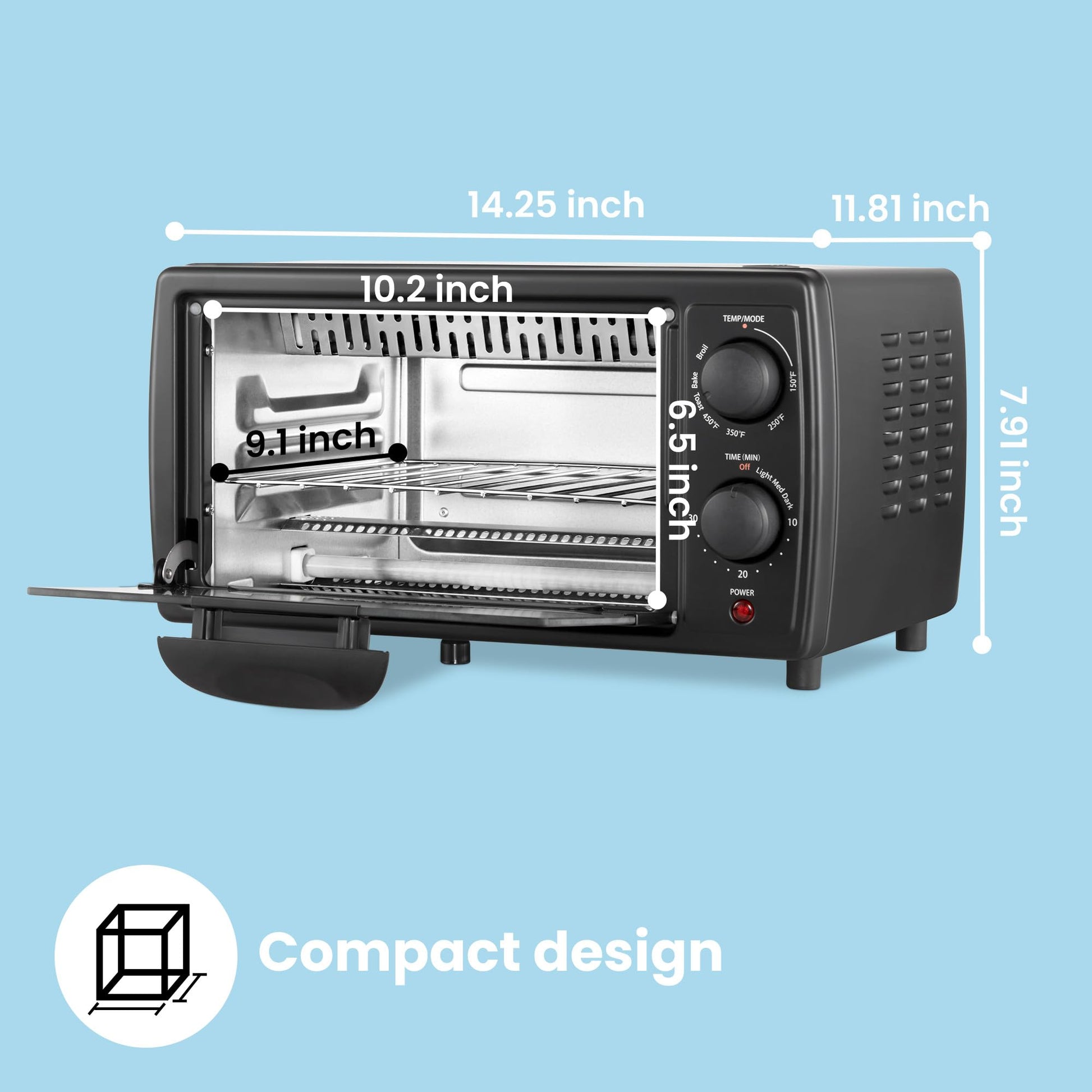 COMFEE' - Encimera de horno tostador pequeño, 4 rebanadas, mini horno para pizza de 9 pulgadas, horno compacto, 2 estantes para tostar, hornear, asar, 950 W, negro, CTO-E101A (BK)