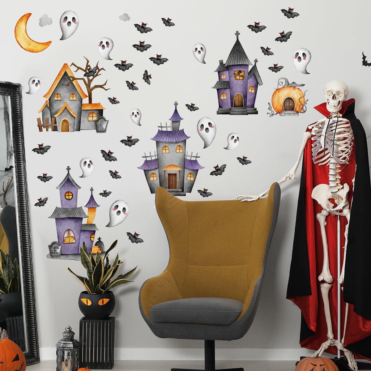 Haunted House - Calcomanías de pared de Halloween, calcomanías espeluznantes de calabaza, calcomanías de ventana, mural de decoración de pared para guardería, bebé, recámara, sala de estar, cocina,