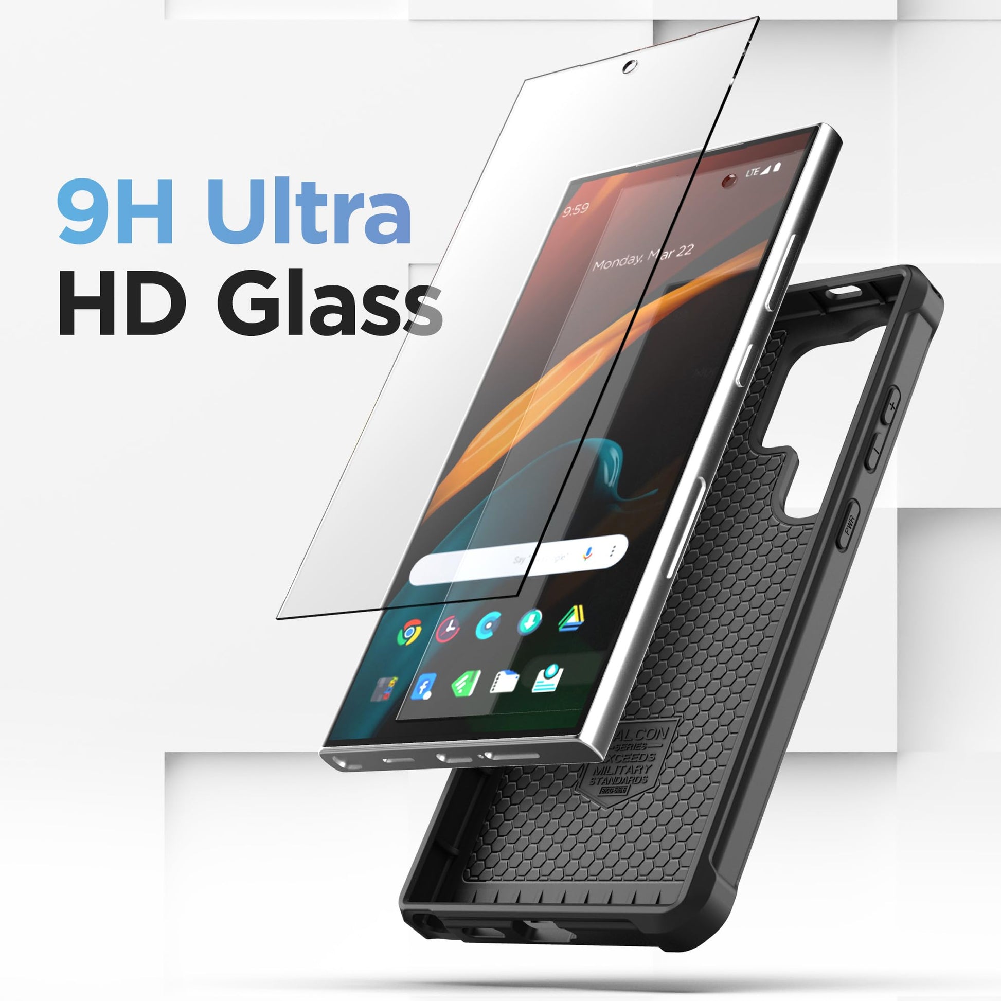 Funda con cinturón Falcon Encased diseñada para Samsung Galaxy S24 Ultra - Funda protectora con protector de visualización de vidrio templado (negro)