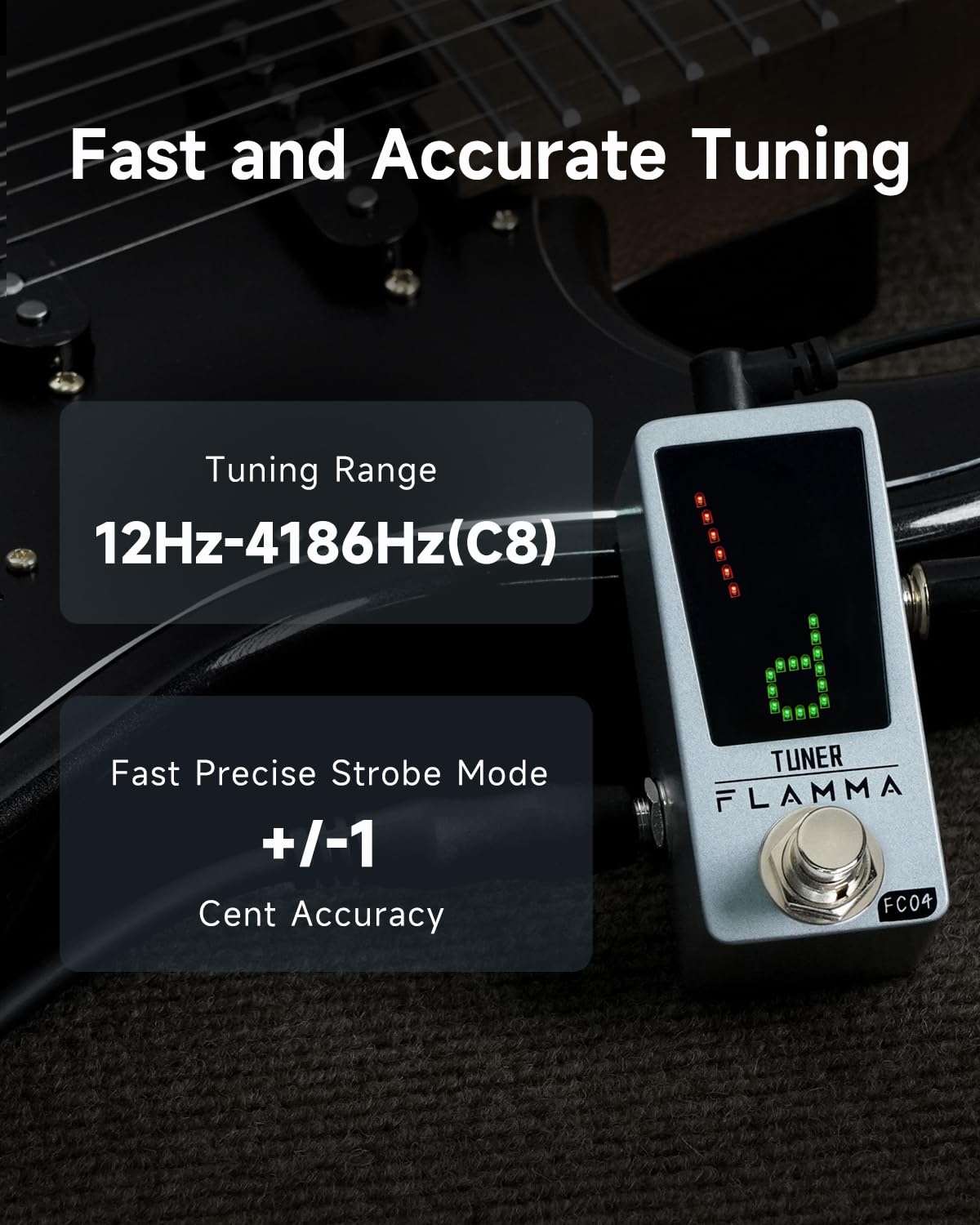 FLAMMA Afinador de Guitar FC04 Cromático, Afinador de Pedal para Guitarra y Bajo con Precisión de 1 Centavo, True Bypass