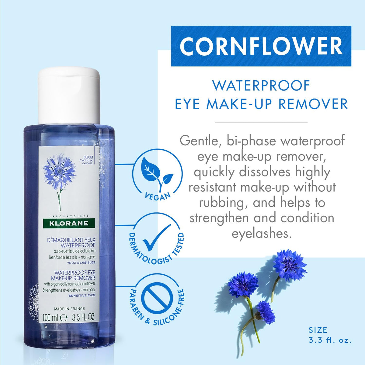 Klorane Waterproof Eye Make-up Remover with Soothing Cornflower, Bi-Phase, Non-Oily, Sensitive Skin, 3.4 oz.