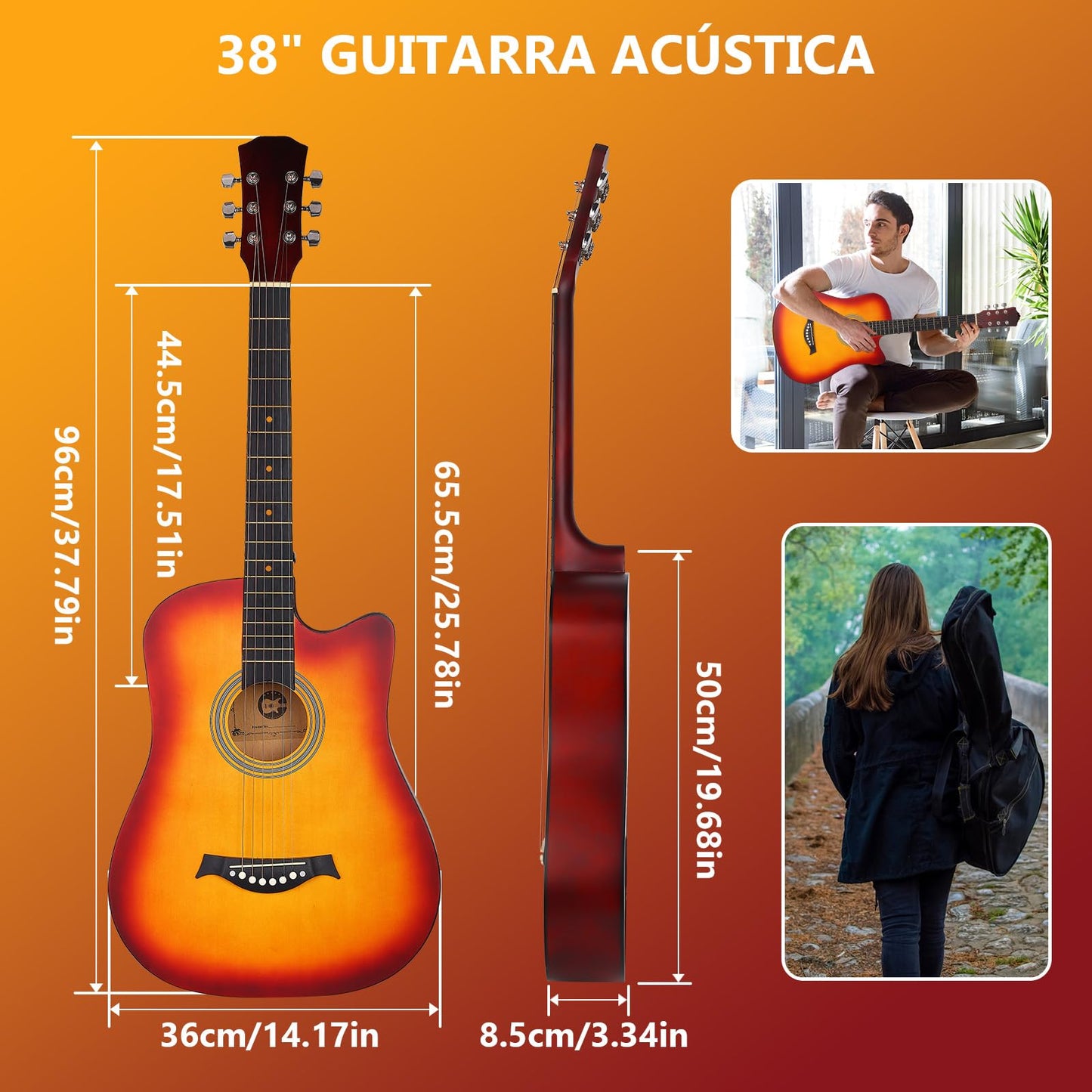 Guitarra Acústica, MTQ Guitarra Acustica con Estuche, Correa, Cuerdas, Púas, Guitarra Acustica de 38 Pulgadas, 6 Cuerdas de Metal. (Marrón)