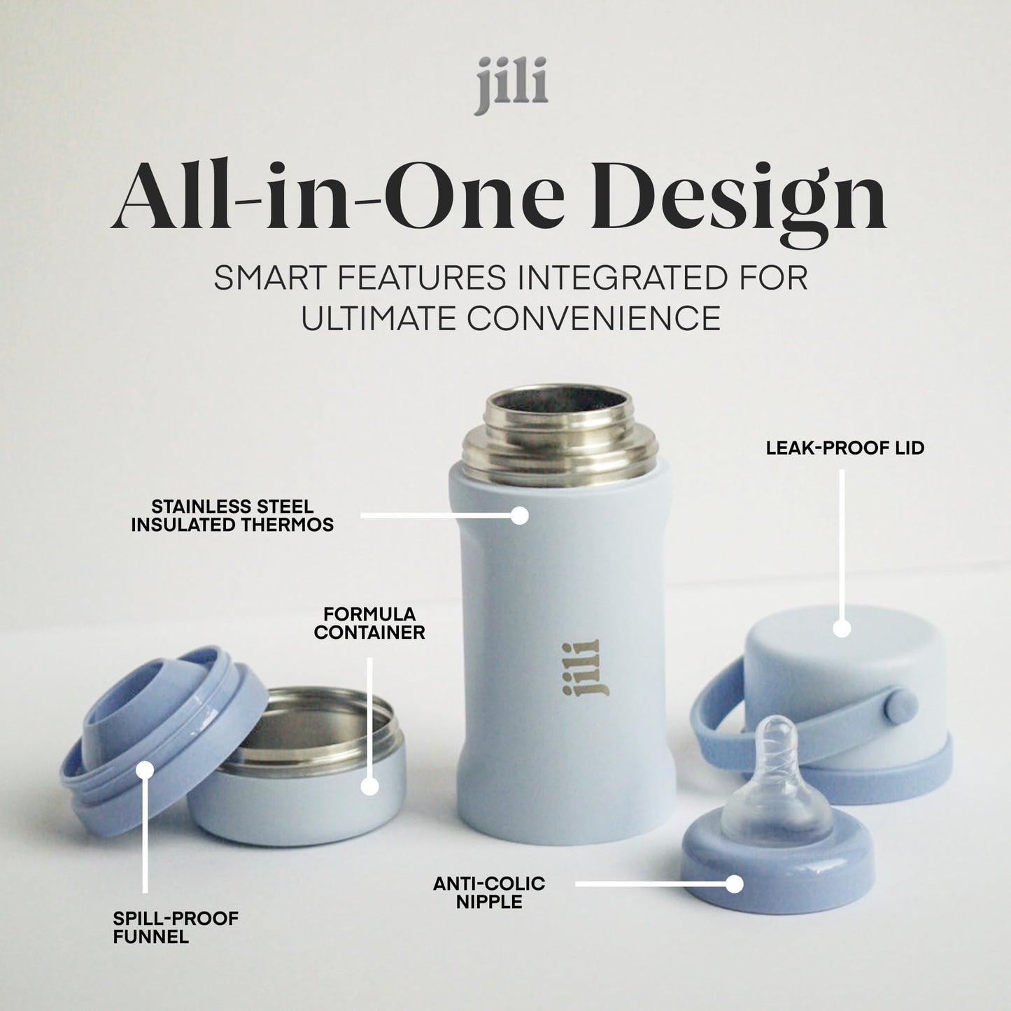 Jili Biberón todo en uno, botella de acero inoxidable aislada con contenedor para fórmula, tetina anticólicos y tapa a prueba de fugas, artículos esenciales para bebé para viajar, libre de BPA