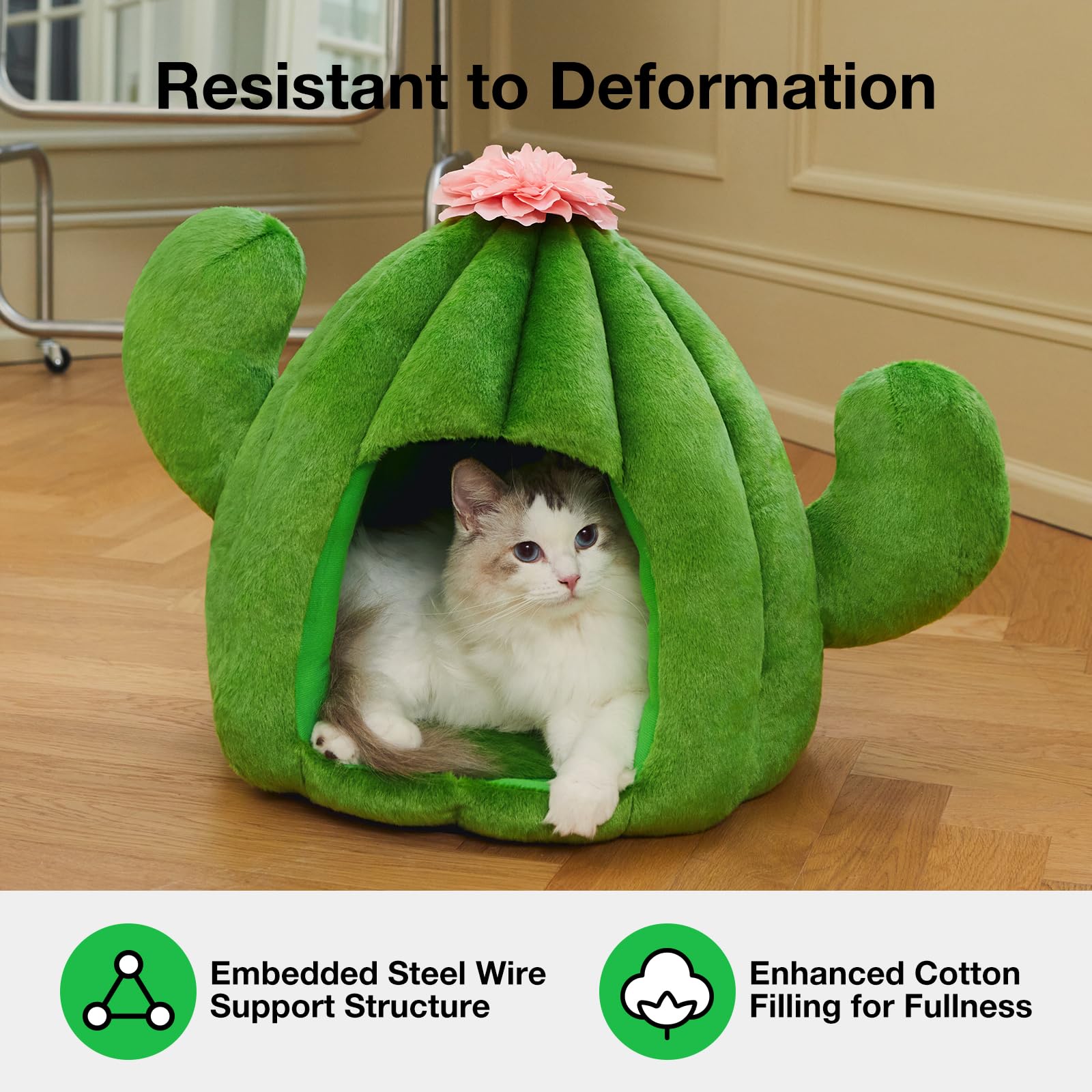 VETRESKA Bonita cama de cactus para gatos y perros, casa de cueva para gatos, cómoda cama para mascotas con cojín de rodar lavable a máquina para gatos, perros, cachorros, gatitos, conejos, cactus verde