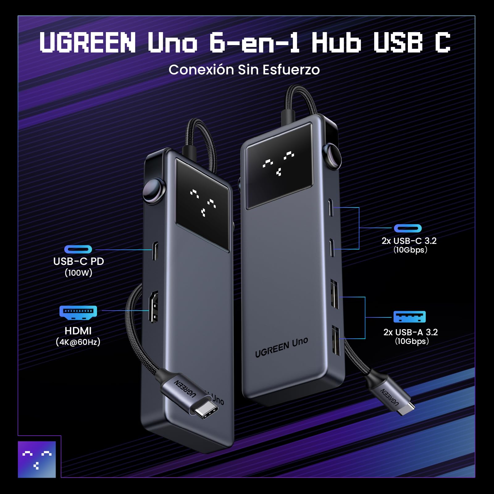 UGREEN Uno Hub USB C, 6 en 1 Robot Adaptador USB C 3.2 Gen 2 con HDMI 4K 60Hz, 2*USB y 2*USB C 10Gbps, Carga 100W Compatible con MacBook Pro Air Surface Chromebook DELL XPS y Más Dispositivos Tipo C