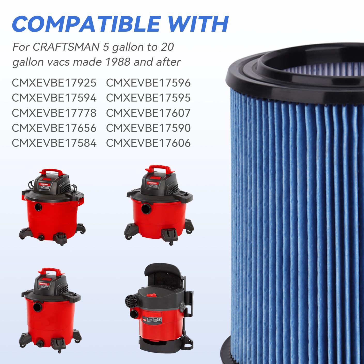 CMXZVBE38751 Filtro de repuesto para Craftsman CMXZVBE38751 Aspiradora de polvo fino y seco, apto para aspiradora de tienda de 5 a 20 galones, paquete de 2