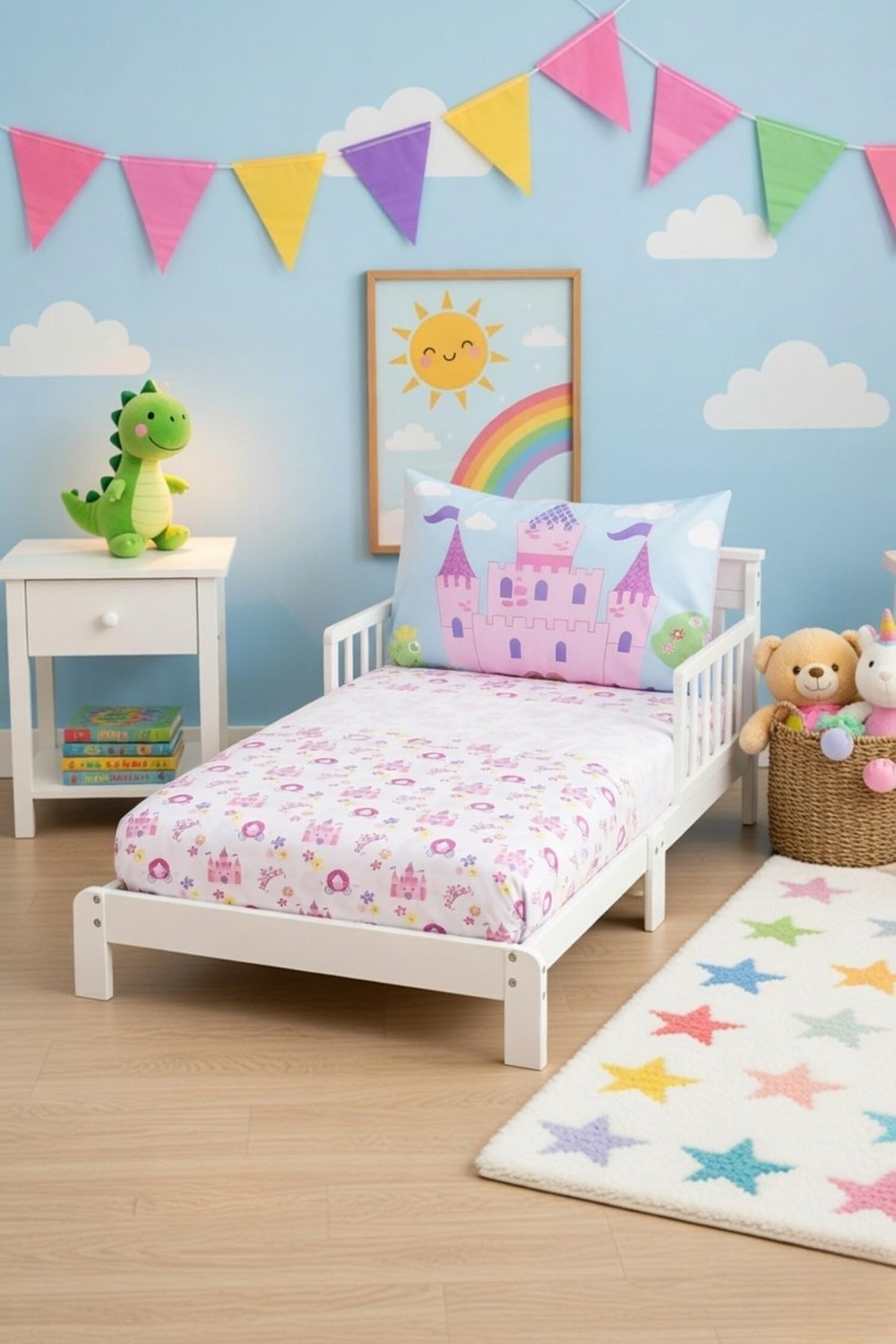 EVERYDAY KIDS Juego de 3 piezas para cama infantil con sábana bajera ajustable, sábana encimera y funda de almohada - Tierra de Princesas - Juego de sábanas para niñas pequeñas de microfibra suave y