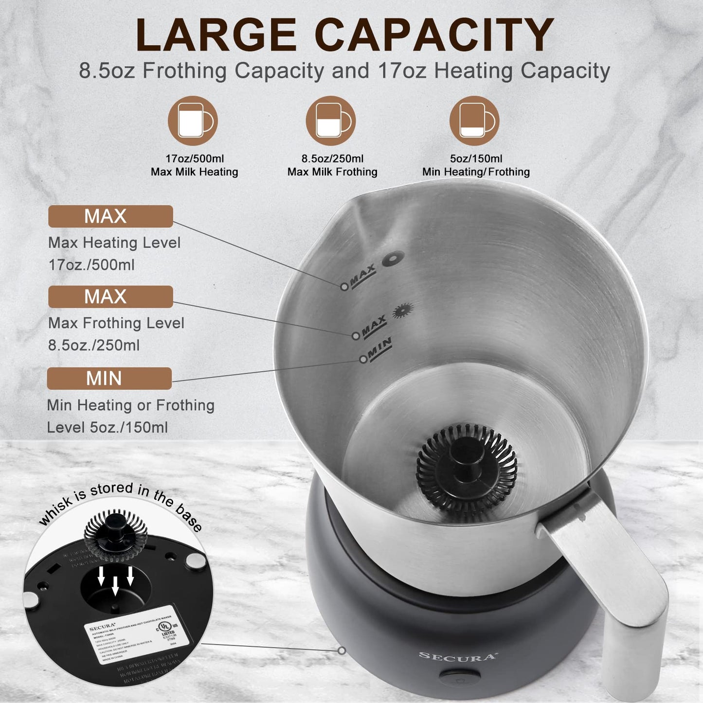 Espumador de Leche Secura Acero Inoxidable Desmontable con Vaporizador Eléctrico