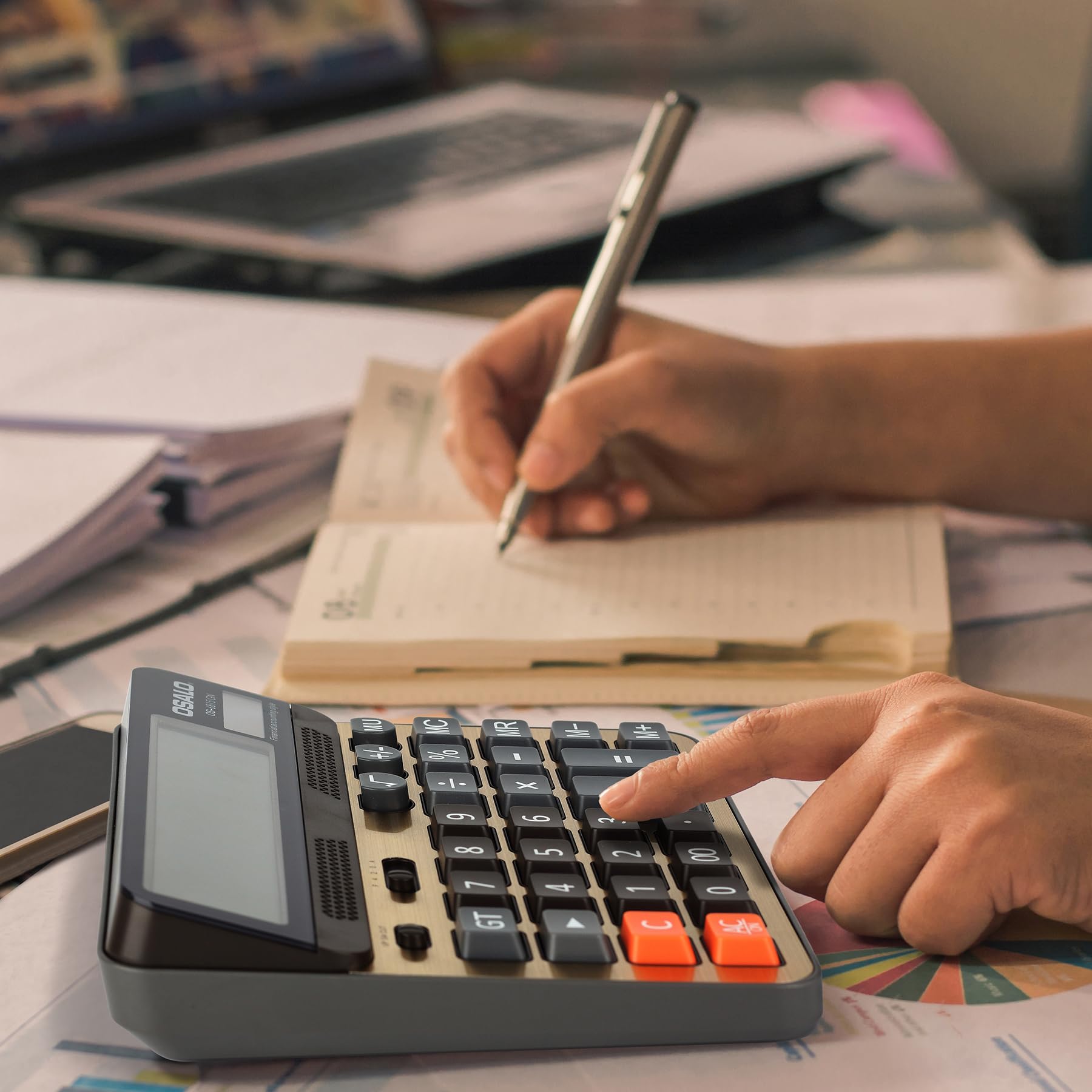 Calculadora de Escritorio Pantalla LCD Extra Grande de 5 Pulgadas Calculadora de Contabilidad de números Grandes de 12 dígitos con botón de Respuesta Gigante, para Office Business Home (OS-6815GN)