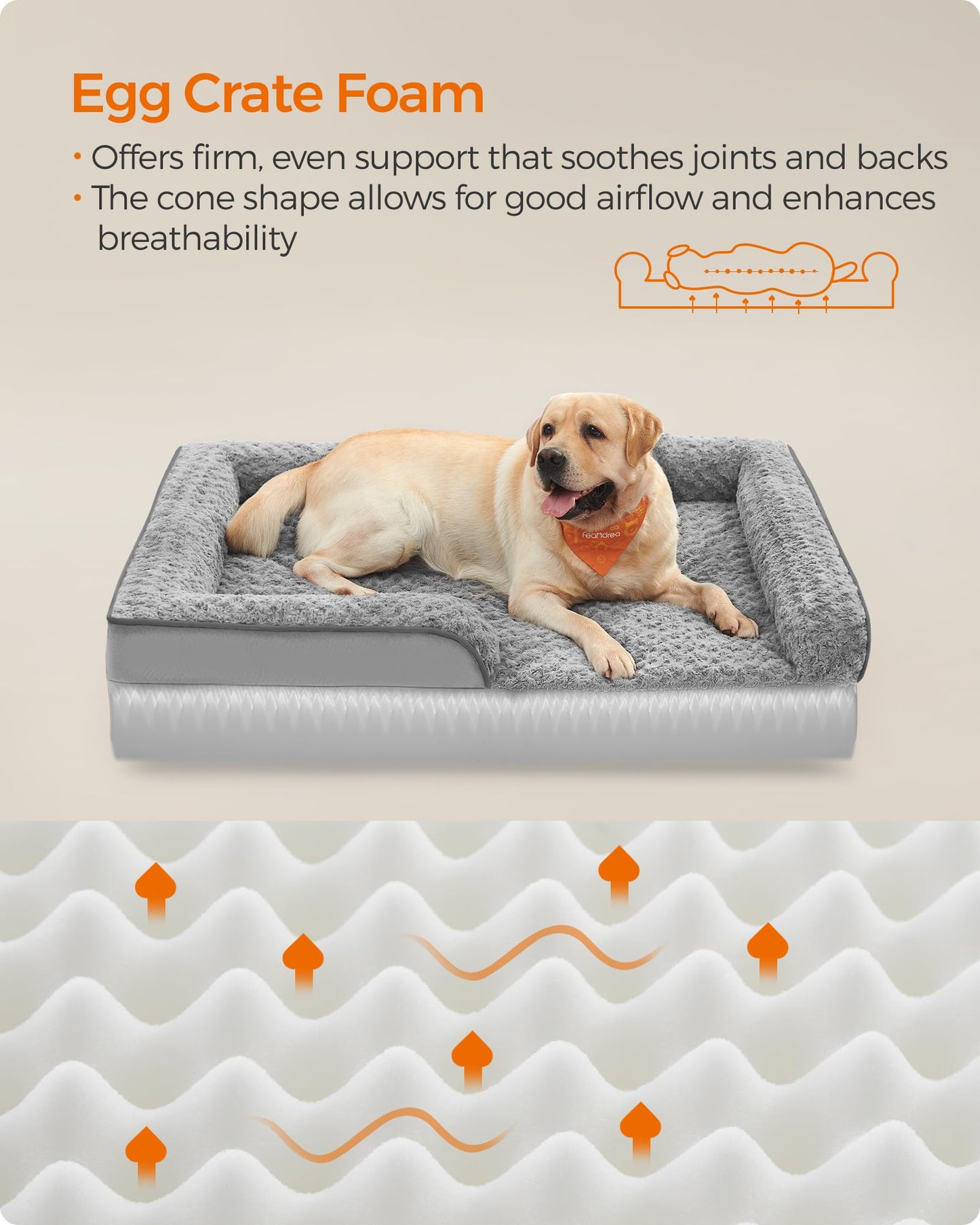 Feandrea Cama para Perros, Cama para Mascotas, 91 x 68 x 16 cm, Ortopédica con Espuma Corrugada, Funda Extraíble con Motivo Rosa de Peluche, Bordes Elevados Acolchados, Gris Paloma MPGW252G01