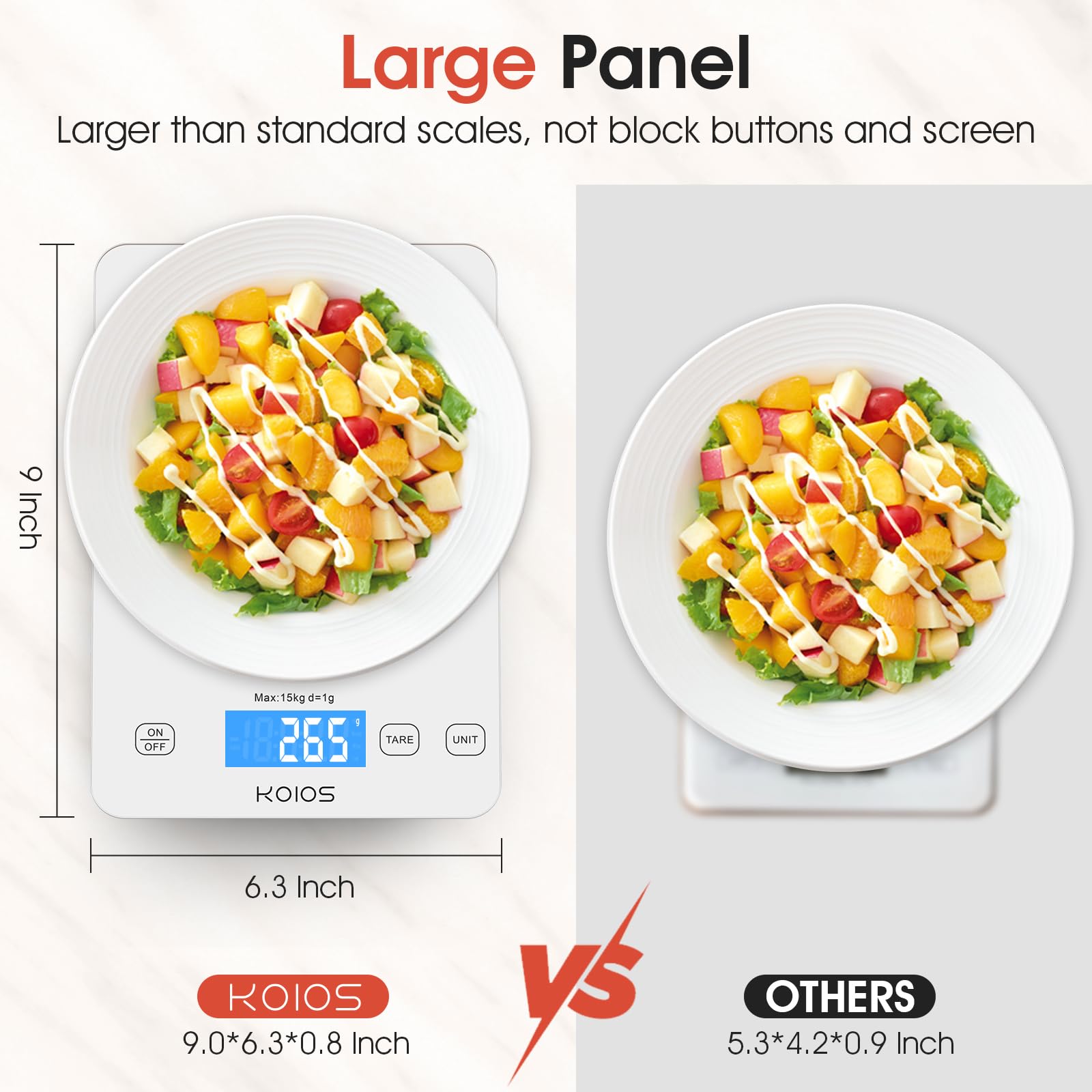KOIOS Báscula de cocina, 33 lb/15 kg Báscula digital de alimentos de peso en gramos y onzas para cocinar hornear, graduación precisa, baterías y carga tipo C, función tara, visualización LCD, blanco