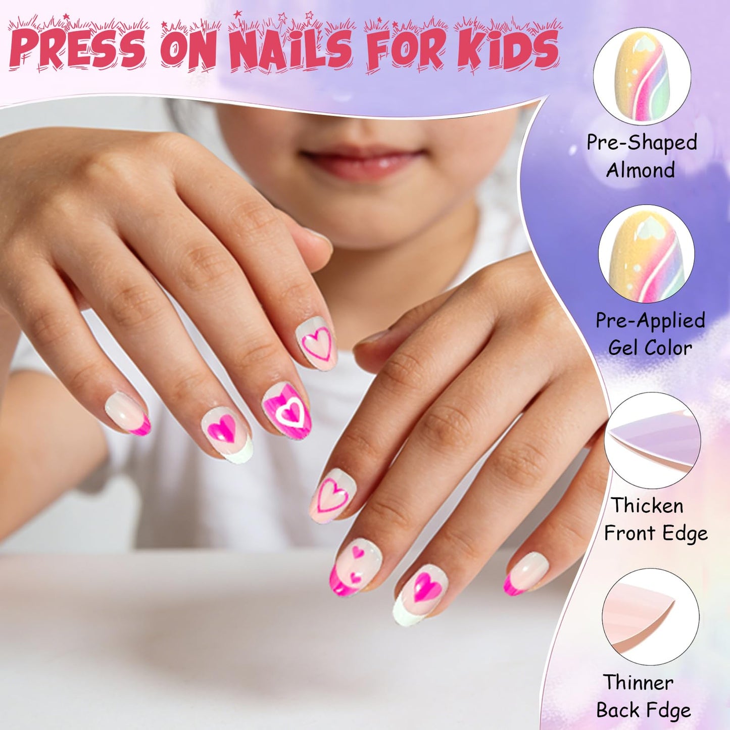 OPkssnails 96 uñas postizas para niños, 3 paquetes de uñas postizas rosas con forma de corazón para niñas adolescentes de 8 a 12 años, uñas postizas ovaladas cortas con lima pulidora, 16 tamaños.