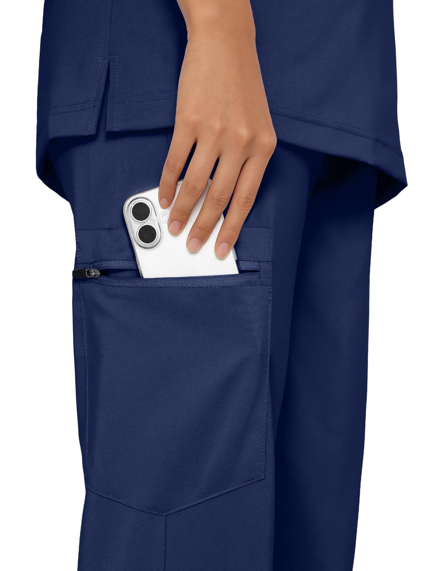 Eadflie Conjunto de uniforme médico para mujer: top con cuello en V y pantalón tipo jogger con 5 bolsillos, tejido elástico suave, aberturas laterales (azul marino/M).