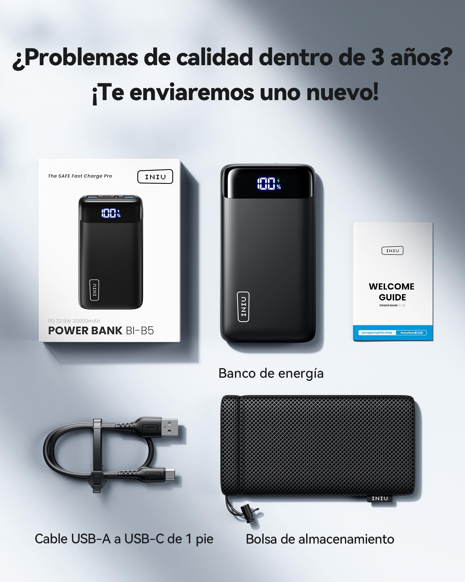 INIU Power Bank 20000mah, Bateria Portatil PD 22.5W Cargador Tipo C Carga Rapida, Cargador Portatil para iPhone 16 Pro Max 15 14 13 Mini, Samsung Galaxy, Xiaomi 15 Pro 14 Ultra, pixel, iPad, LG Tablet