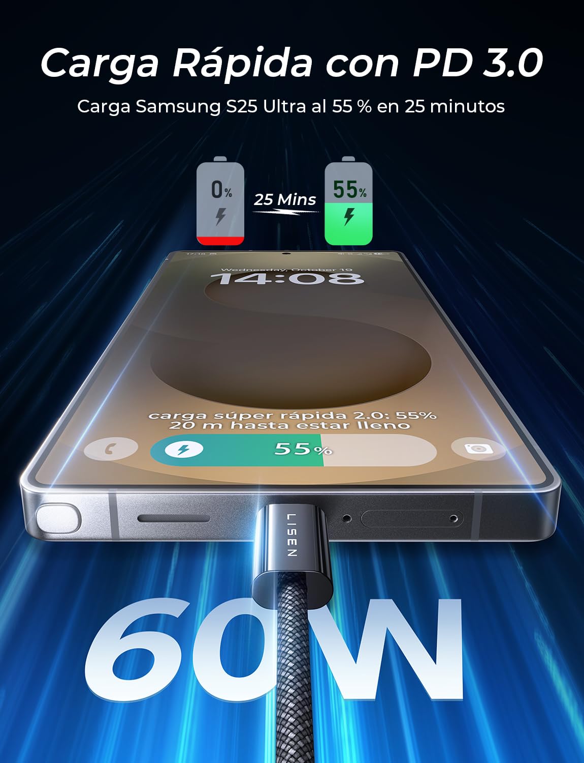 LISEN Cable USB C a USB C 60W 5 Paquete [1M/1M/2M/2M/3M] Cable USBC Carga Rapida, Tipo-C a C Compatible Con Switch 2 Cargador Tipo C iPhone 16/15 Pro Samsung Galaxy S25/S24/S23 Macbook, Xiaomi, Negro