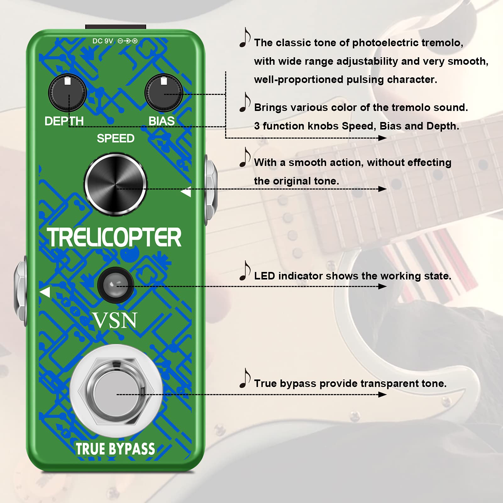 VSN Guitar Tremolo Effect Pedal of Classic Trelicopter Effects Tremolo Pedals for Electric Guitar Effect True Bypass