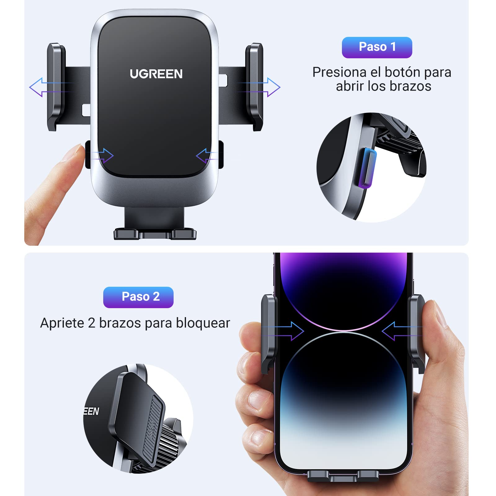Soporte Celular Automóvil UGREEN Negro Giratorio 360° para iPhone y Galaxy