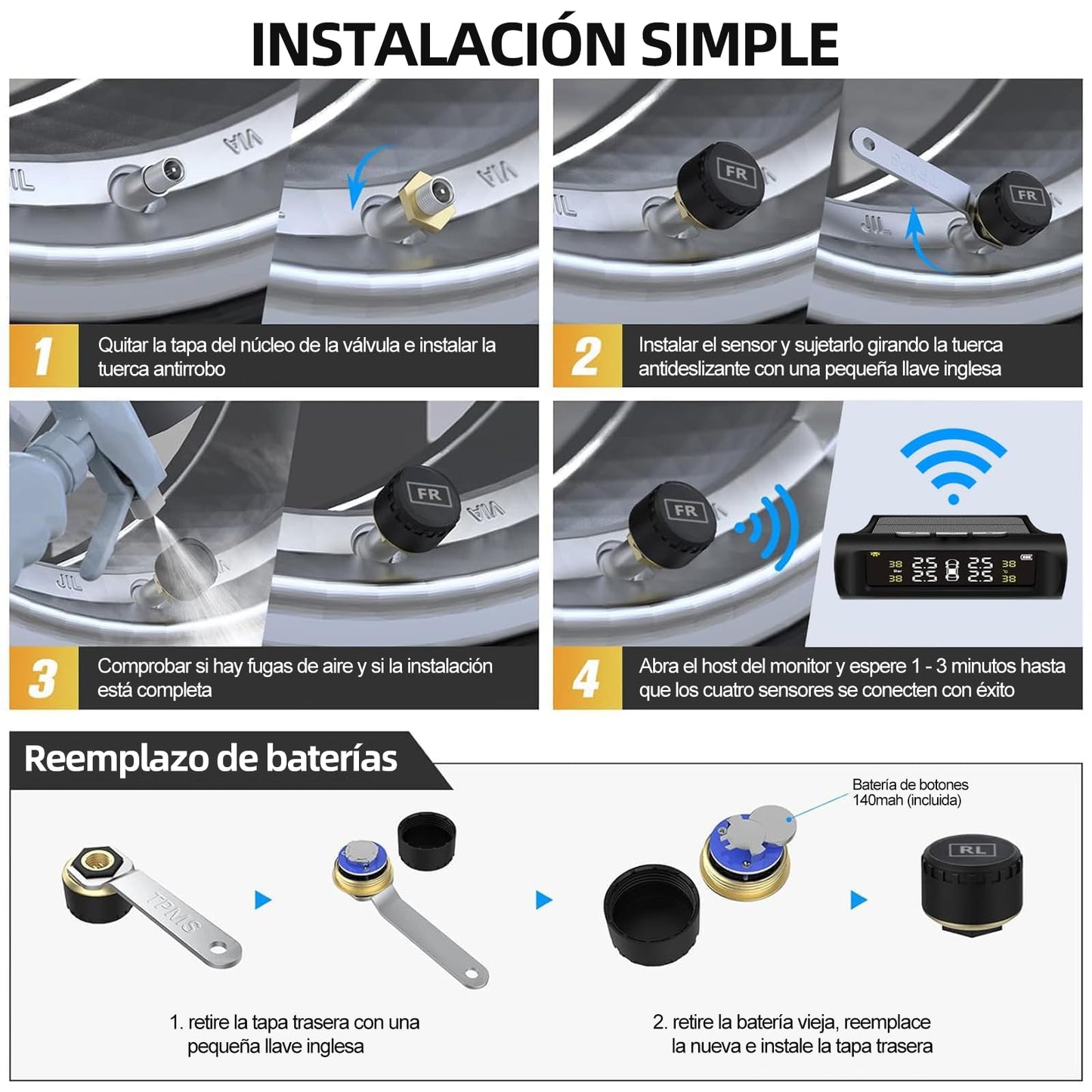 Sistema de Monitoreo de Presión de Neumáticos Inalámbrico con Pantalla LCD en Tiempo Real y Carga Solar USB