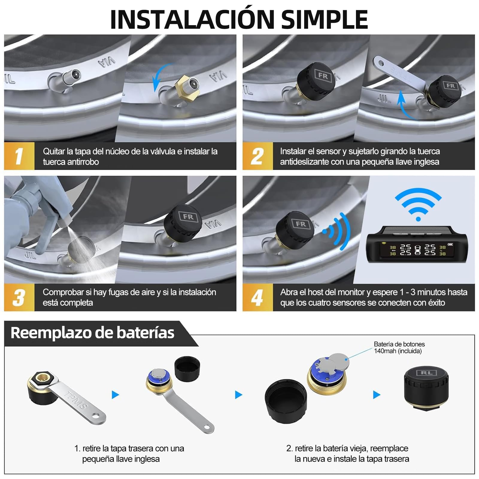 Sistema de Monitoreo de Presión de Neumáticos Inalámbrico con Pantalla LCD en Tiempo Real y Carga Solar USB