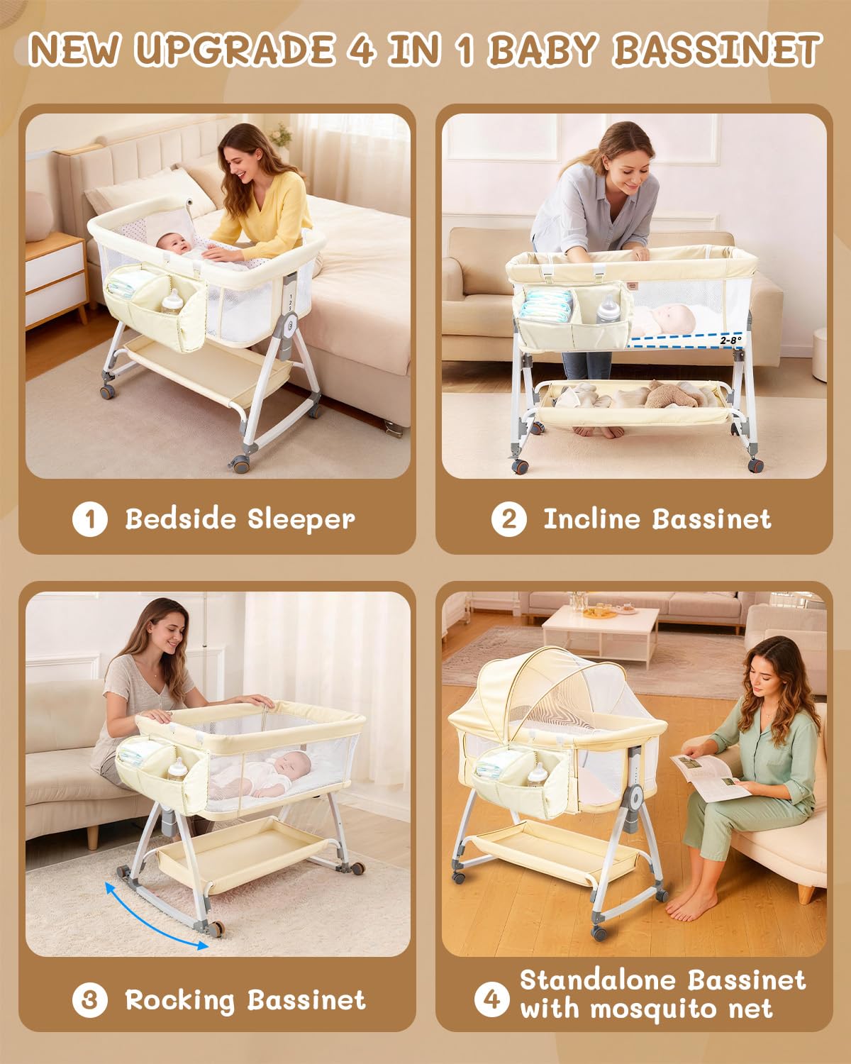 Leoavetole - Moisés de cama para bebé, cuna 4 en 1 con ruedas, cuna ajustable de 6 altura con malla transpirable para recién nacidos y bebés (beige profundo)