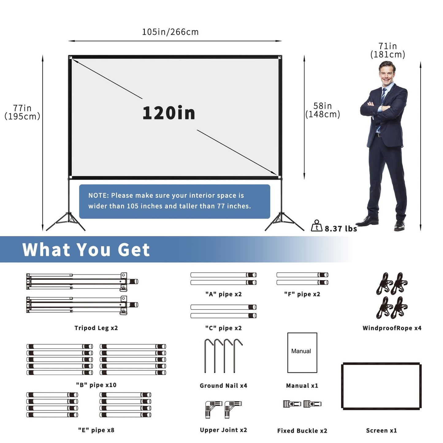VISULAPEX - visualización de proyector con Soporte de 120 Pulgadas, 16:9 4K HD portátil para Interiores y Exteriores, visualización de película Plegable sin Arrugas, visualización de proyección