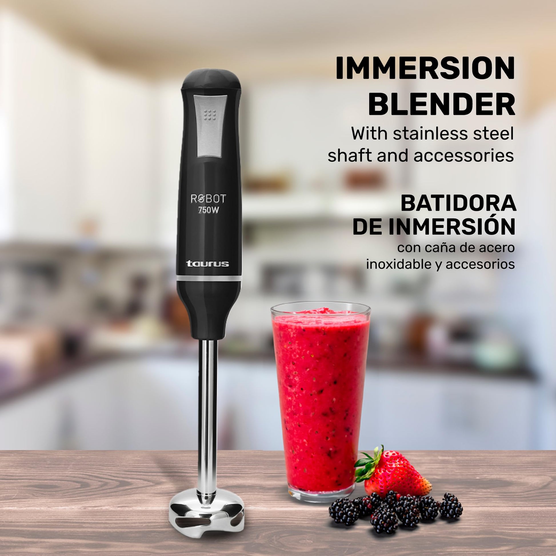 Batidora de Inmersión Taurus Acero Inoxidable Caña Desmontable Turbo Rotation System Control Pulso Diseño Ergonómico y Anti Salpicaduras 750 W