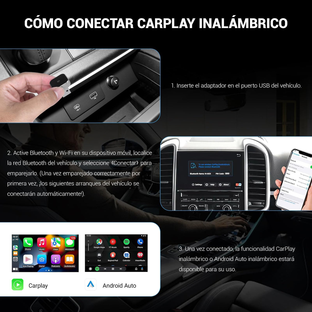 Mini Adaptador Inalámbrico JDF3CISH 2 en 1 Conversión Inmediata para iPhone y Android con USB USB-C
