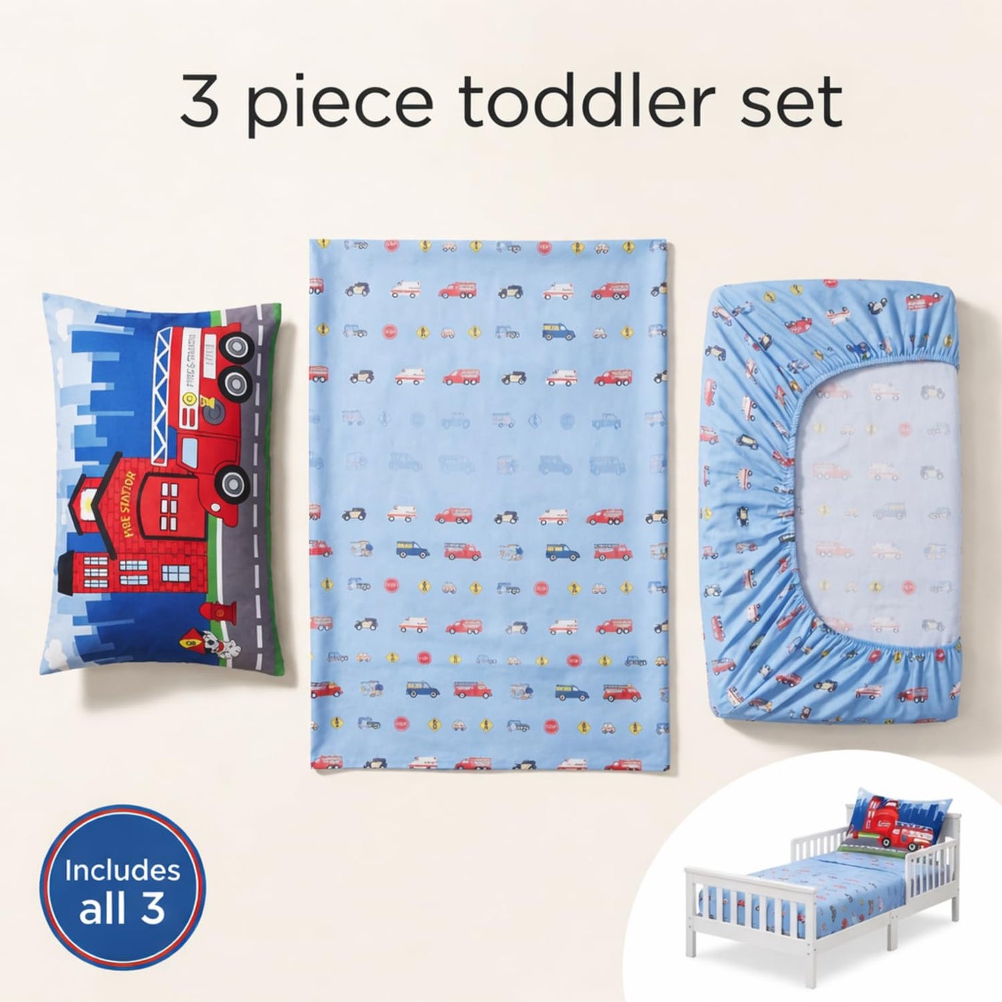 EVERYDAY KIDS - Juego de sábanas bajeras de 3 piezas para niños pequeños, sábana encimera y funda de almohada – Policía, fuego y rescate, juego de sábanas de microfibra suave y transpirable para niños