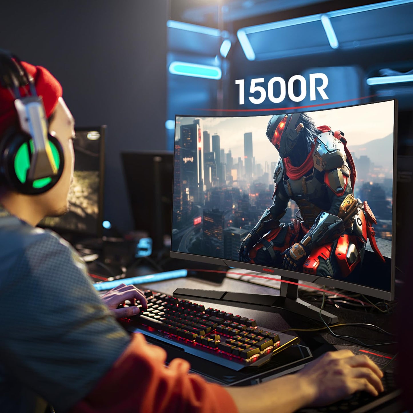 KOORUI Monitor de computadora Curvado de 24 Pulgadas, 180Hz FHD 1080P, visualización de 1 ms, 1500R VA, sincronización adaptativa, FreeSync Premium, HDR10, HDMI2.0X2 y DP1.2, Compatible con VESA