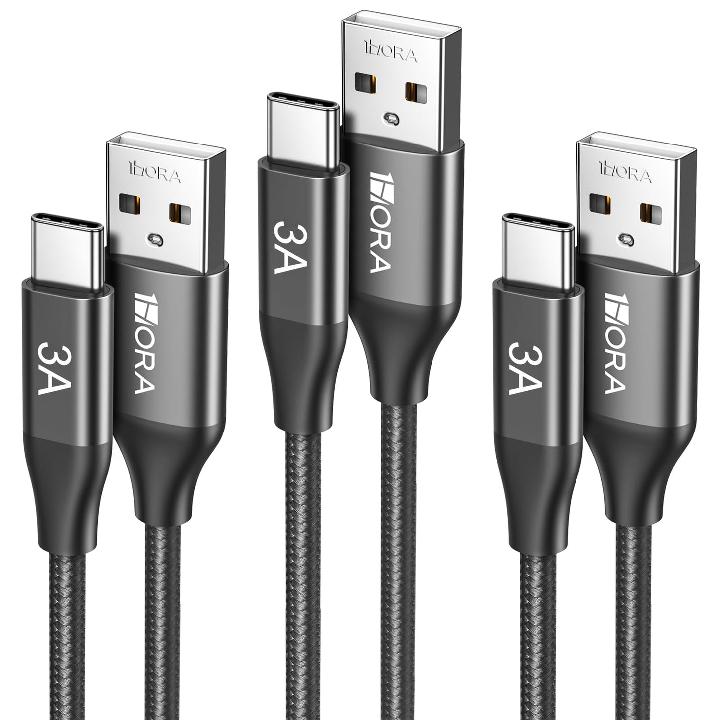 Cable USB C a USB A 1 Hora 3 Paquete 60W 3A Nylon Rojo Carga Rápida 1M para iP16 Galaxy Xiaomi Switch