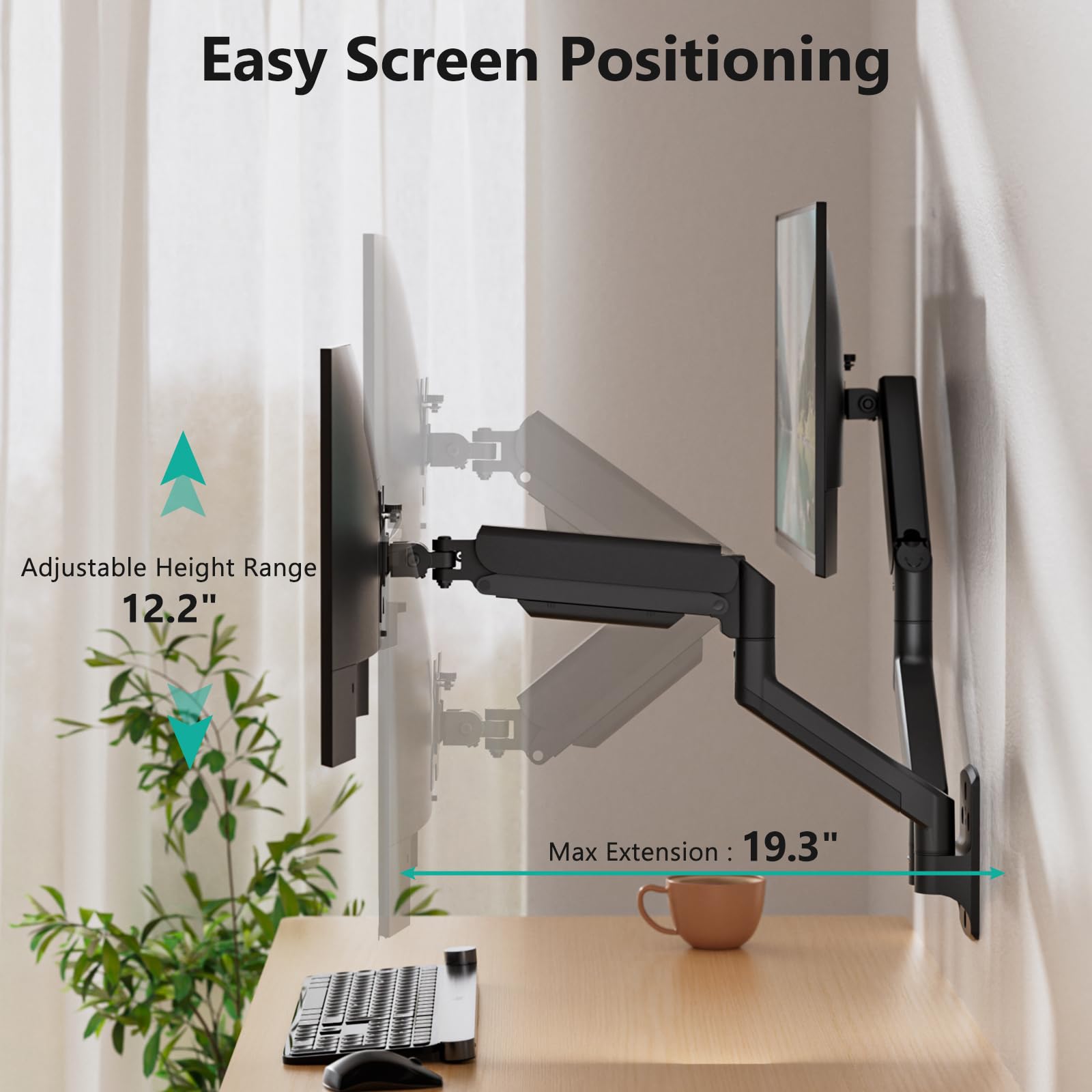 Soporte para Monitor WALI Negro Totalmente Ajustable para Pared Doble de hasta 32 Pulgadas 10 kg con Brazo y Resorte de Gas