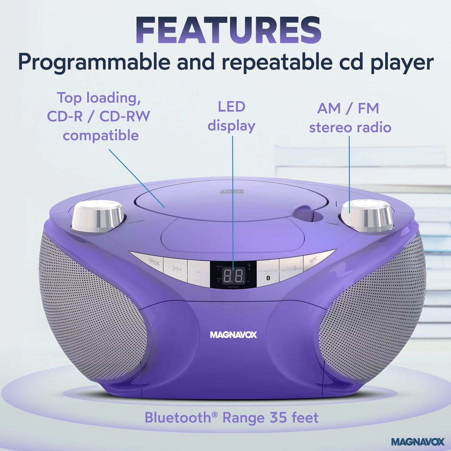 Magnavox MD6949-PL - Boombox portátil de carga superior con radio estéreo AM/FM y tecnología inalámbrica Bluetooth en color morado | Compatible con CD-R/CD-RW | visualización LED |