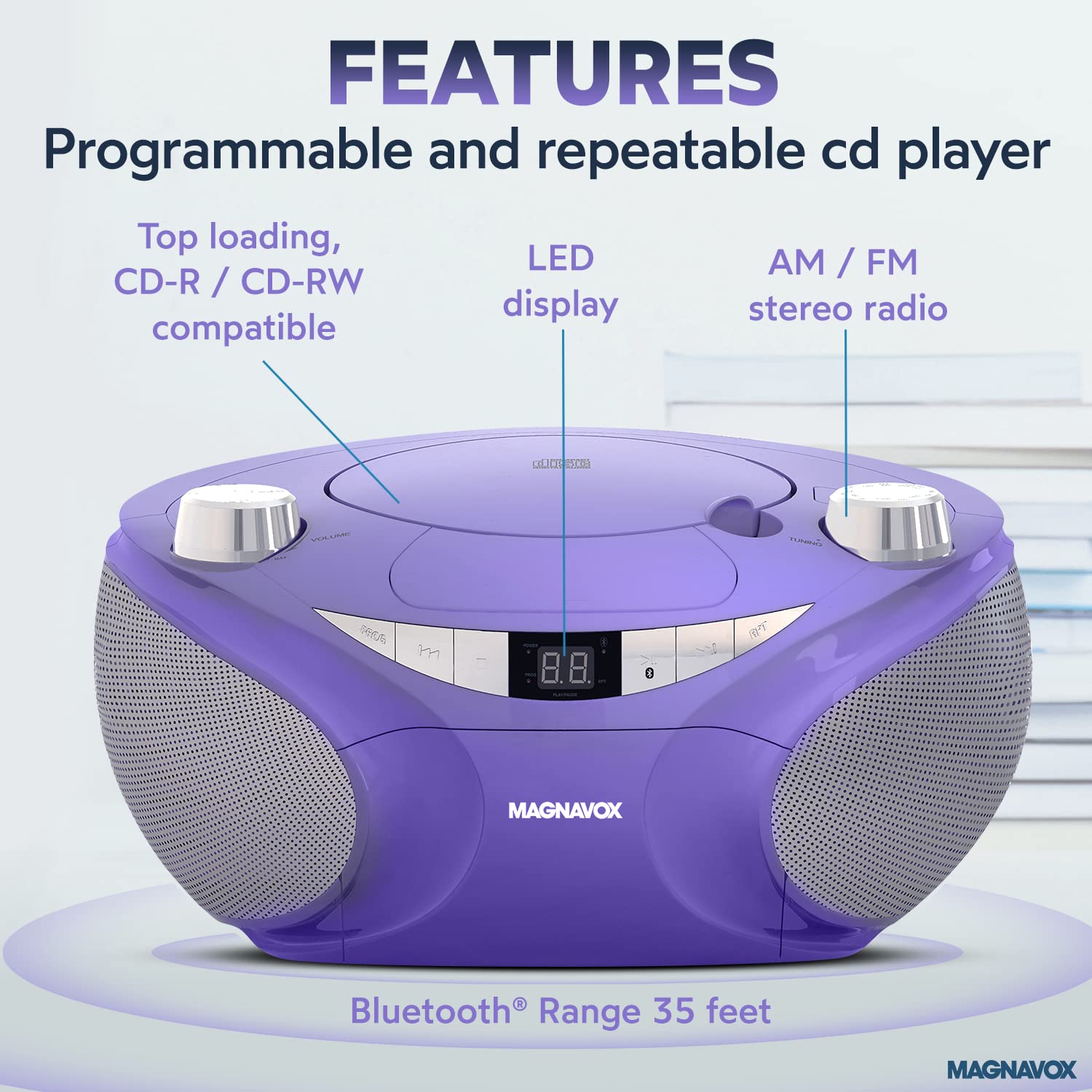 Magnavox MD6949-PL - Boombox portátil de carga superior con radio estéreo AM/FM y tecnología inalámbrica Bluetooth en color morado | Compatible con CD-R/CD-RW | visualización LED |