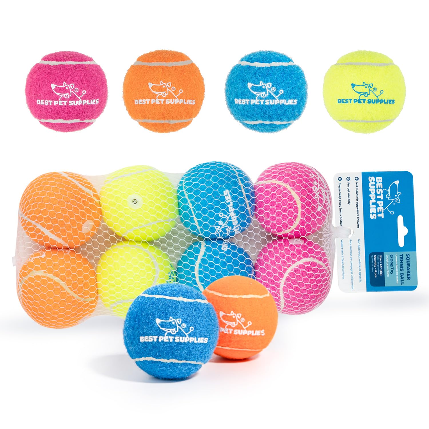 Best Pet Supplies - Pelotas de Tenis chirriantes para Perros, Paquete de 8, Juguetes interactivos de Alta Resistencia para lanzar y Buscar, apoya el Ejercicio y el Entrenamiento de Comportamiento