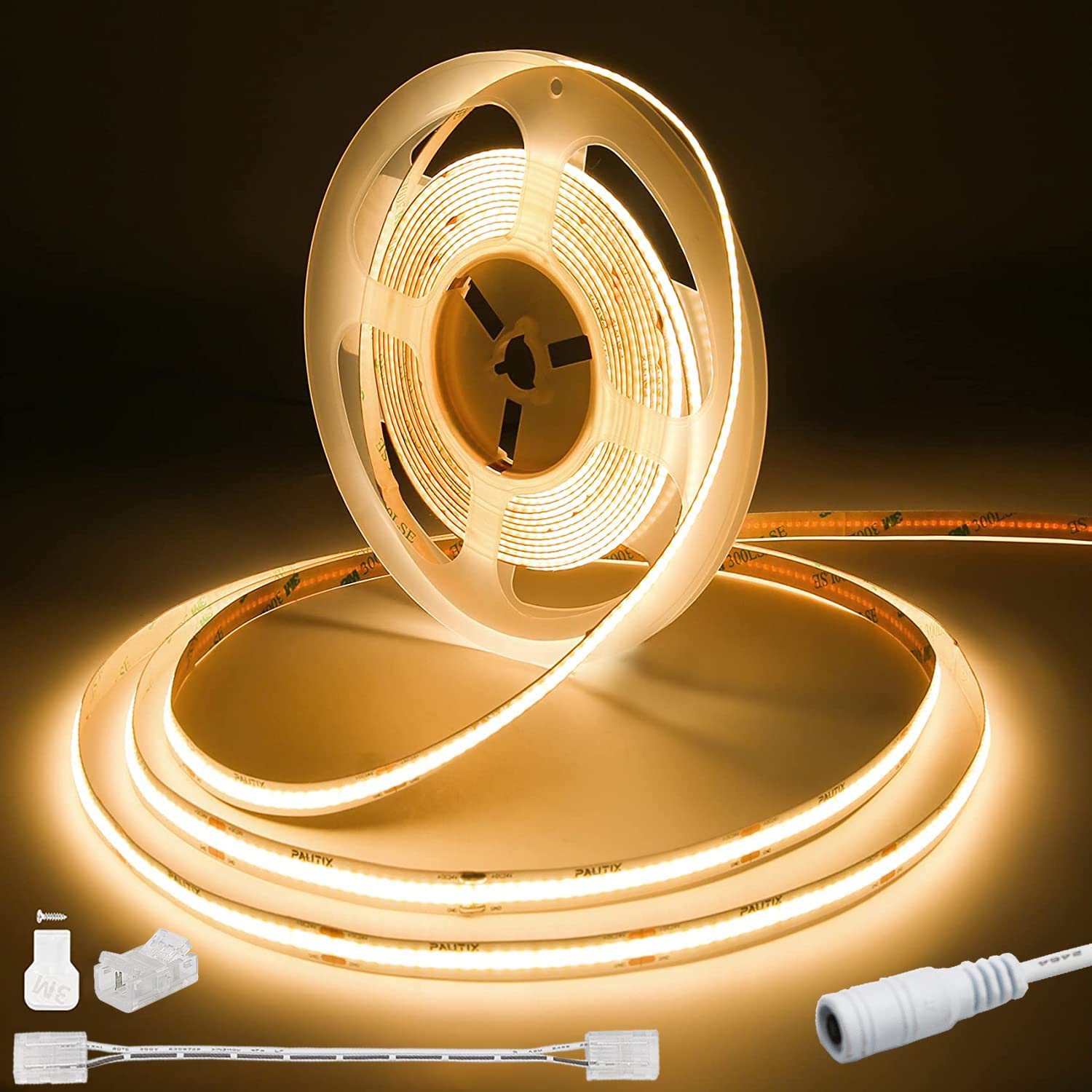 Tira de Luces LED COB PAUTIX Luz Blanca Cálida 2700K CRI90+ 7,5m Flexible para Proyectos de Iluminación de Gabinete de Casa