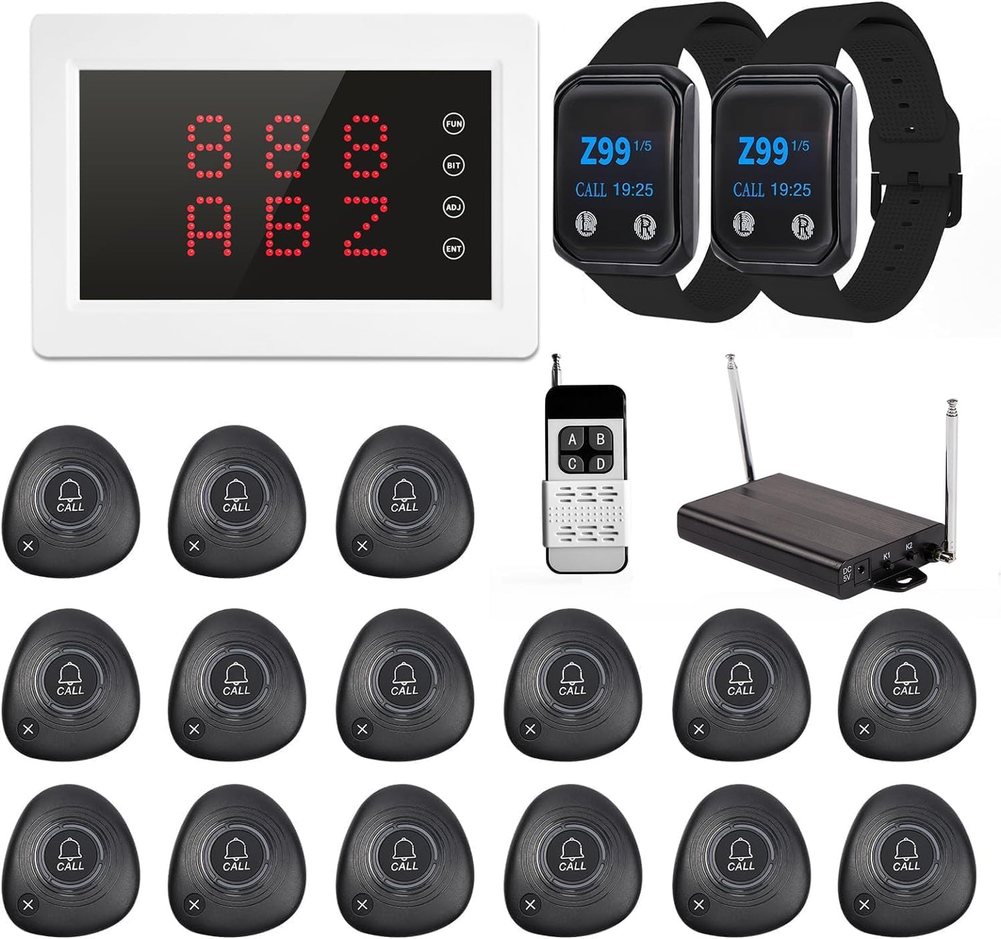 Sistema de localizadores inalámbrico WNKRUN para restaurantes, sistema de llamada con 365+ metros con 1 amplificador de señal/1 receptor de pantalla/2 localizadores de reloj/15 botones de llamada