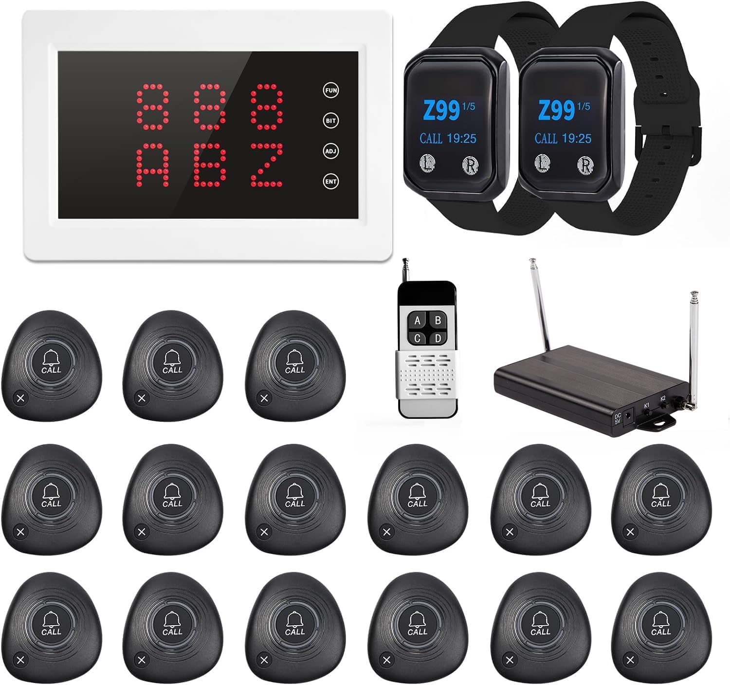 Sistema de localizadores inalámbrico WNKRUN para restaurantes, sistema de llamada con 365+ metros con 1 amplificador de señal/1 receptor de pantalla/2 localizadores de reloj/15 botones de llamada