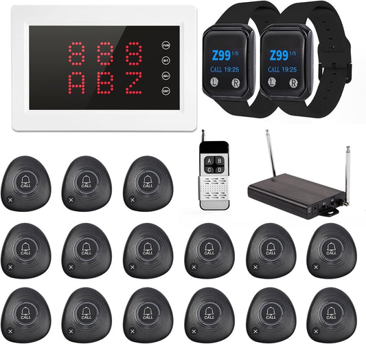 Sistema de localizadores inalámbrico WNKRUN para restaurantes, sistema de llamada con 365+ metros con 1 amplificador de señal/1 receptor de pantalla/2 localizadores de reloj/15 botones de llamada